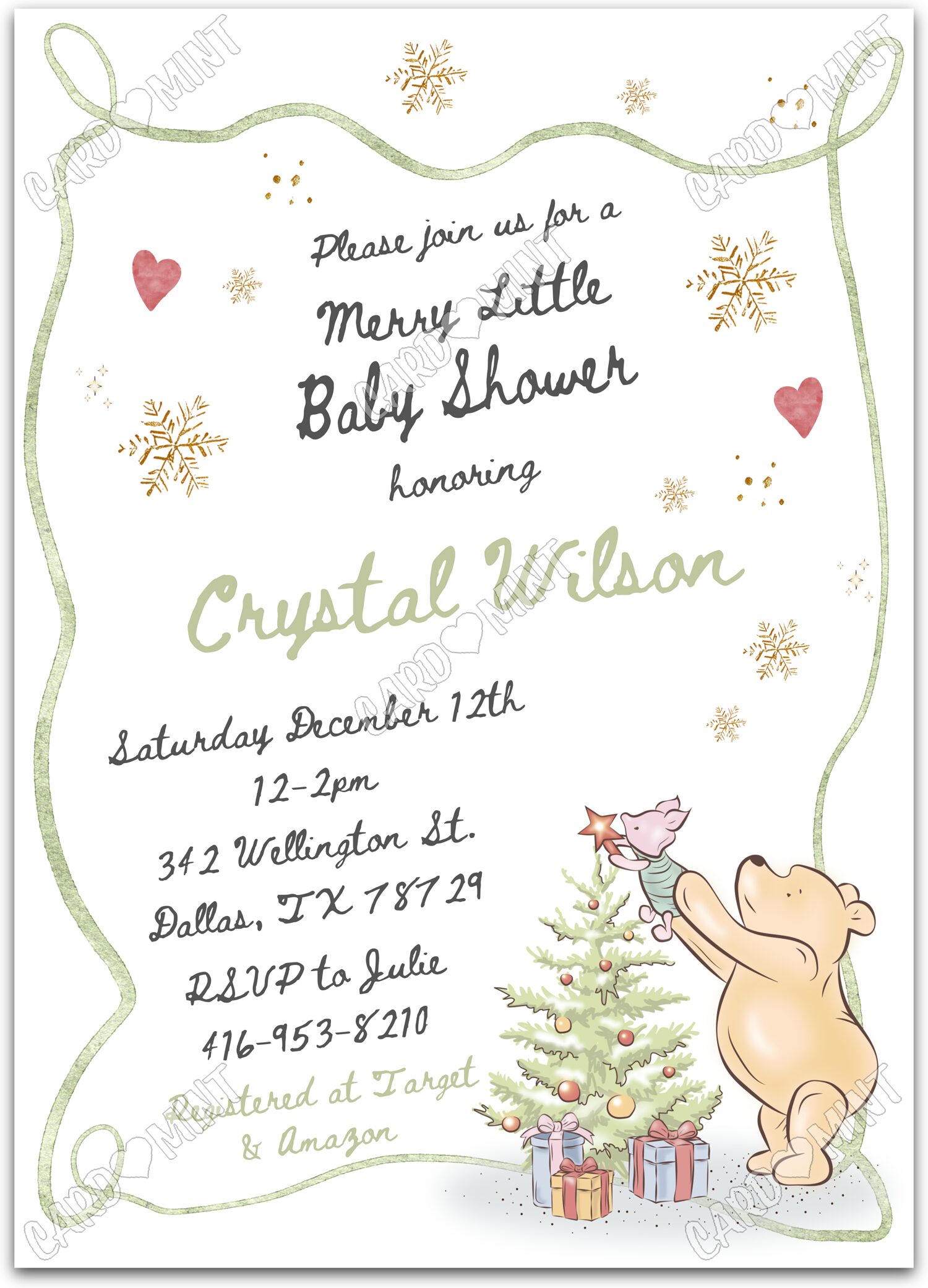 Editable Merry Little Christmas white Pooh & Piglet neutral Christmas Douche de bébé 5"x7" Invitation EV1874