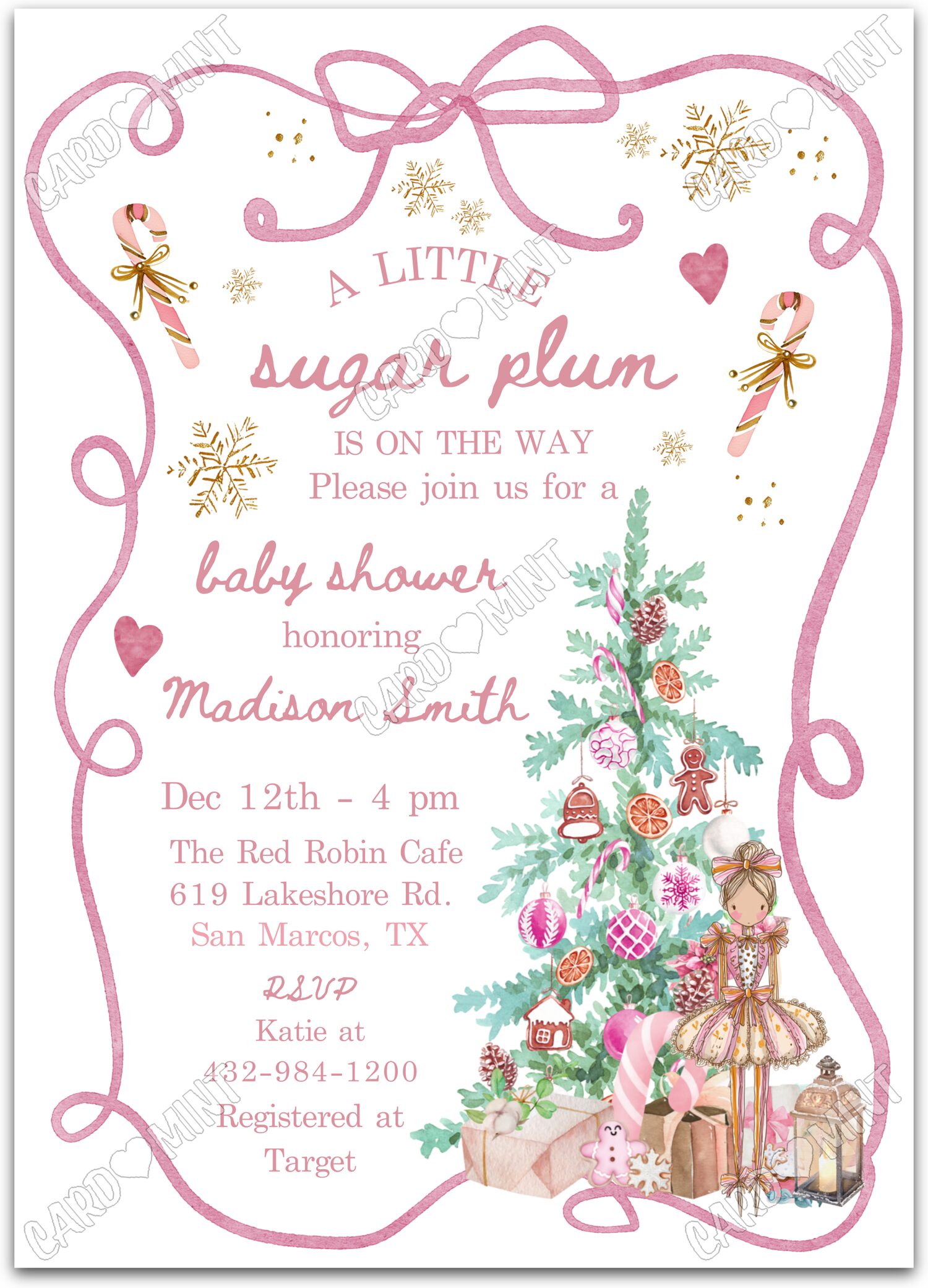 Editable Little Sugar Plum white whimsical holiday elements girl Christmas Baby Shower 5"x7" Invitation EV1877