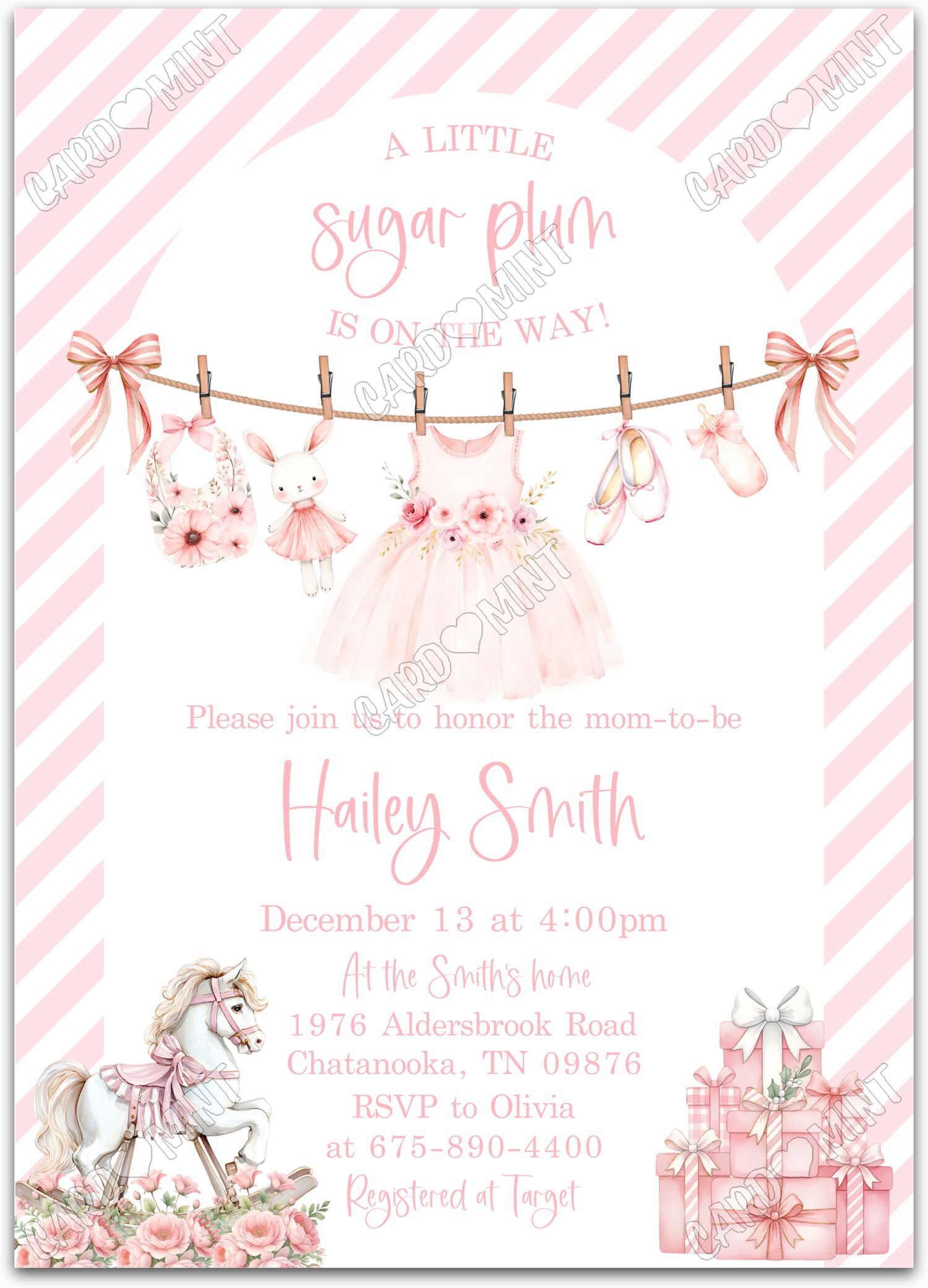 Editable Sugar Plum white clothesline & striped pattern girl Christmas Douche de bébé 5"x7" Invitation EV1880