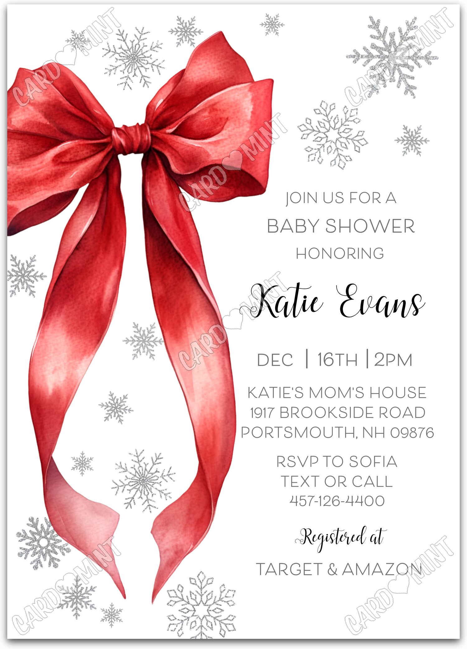 Editable Red Bow Christmas white silver snowflakes neutral Christmas Douche de bébé 5"x7" Invitation EV1884