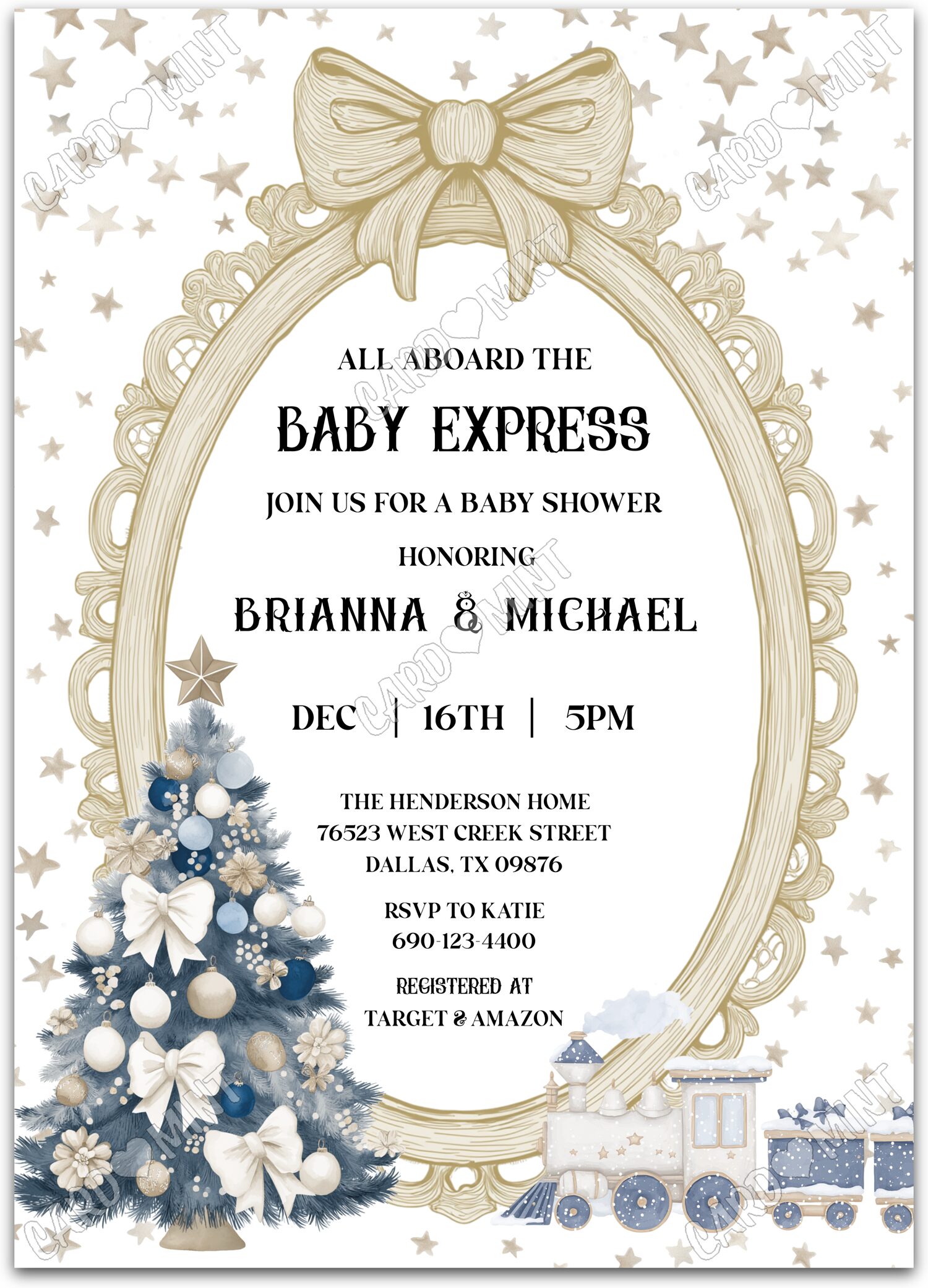 Editable Christmas Train white gold stars boy Christmas Douche de bébé 5"x7" Invitation EV1885