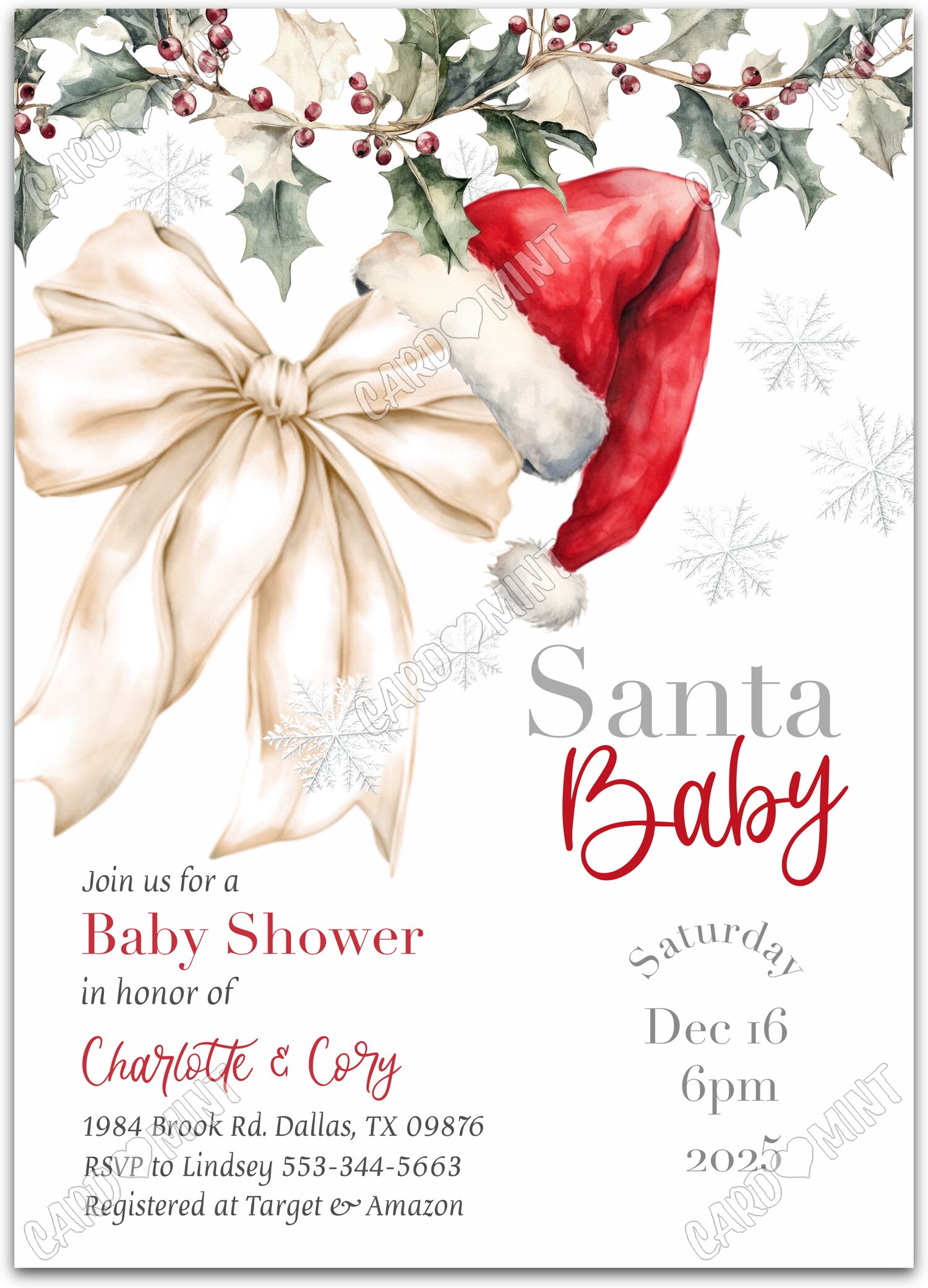 Editable Santa Baby white santa hat neutral Christmas Douche de bébé Invitation EV1886