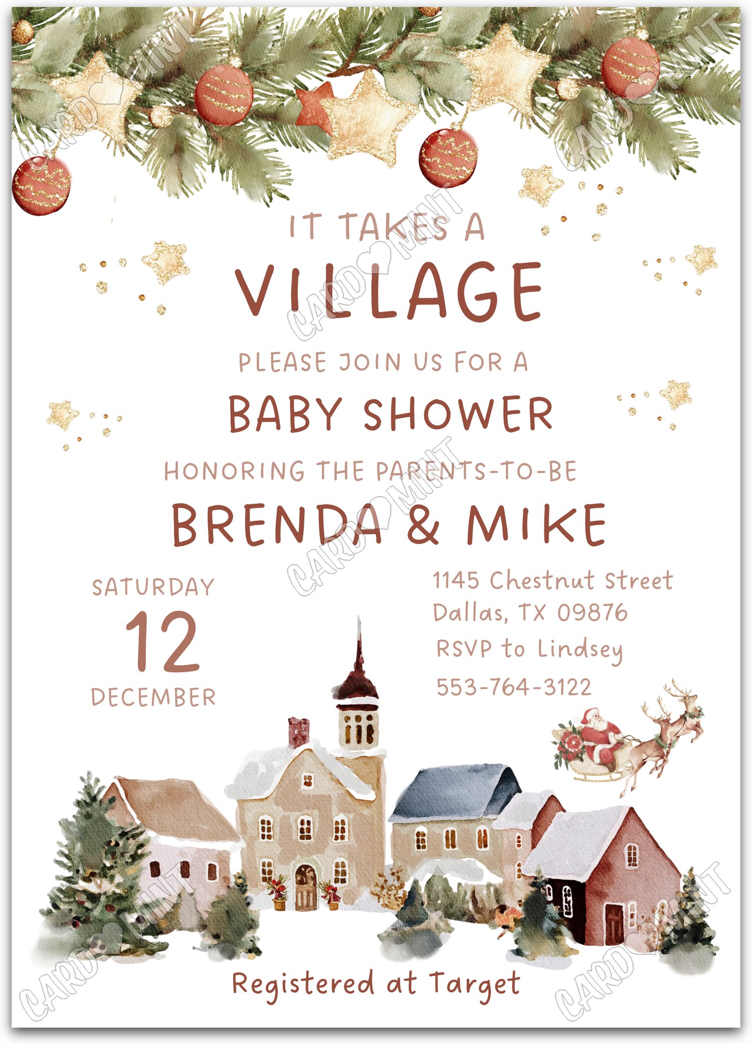 Editable It Takes A Village white Christmas ornaments neutral Baby Shower 5"x7" Invitation EV1889