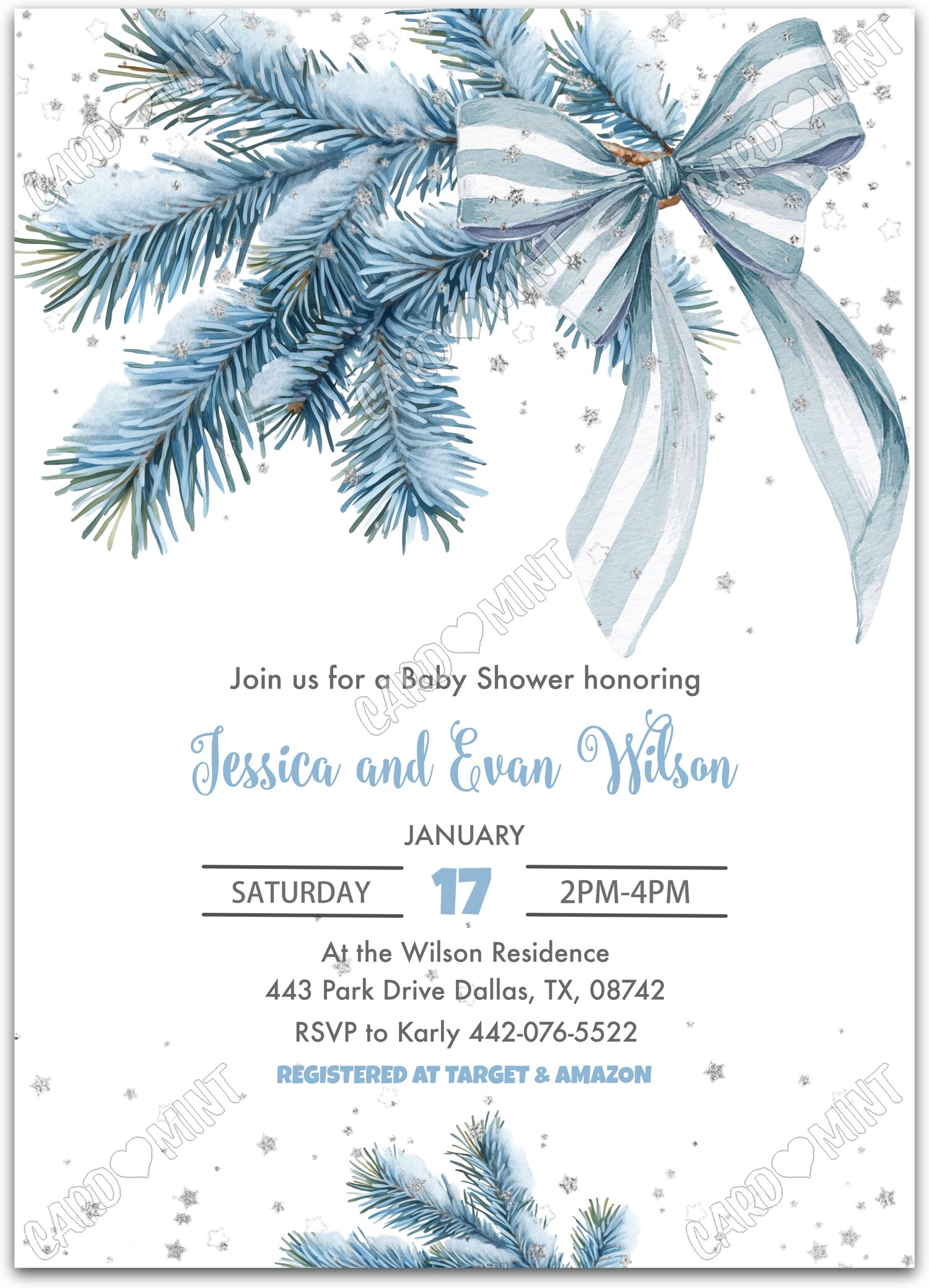 Editable Blue Christmas white blue spruce & bow boy Christmas Douche de bébé 5"x7" Invitation EV1891