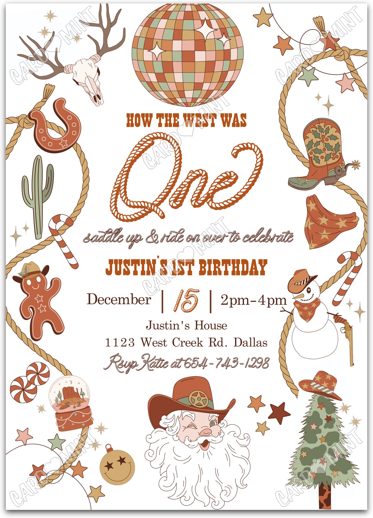Editable Cowboy Christmas white western attire boy Christmas First Birthday Party 5"x7" Invitation EV1892