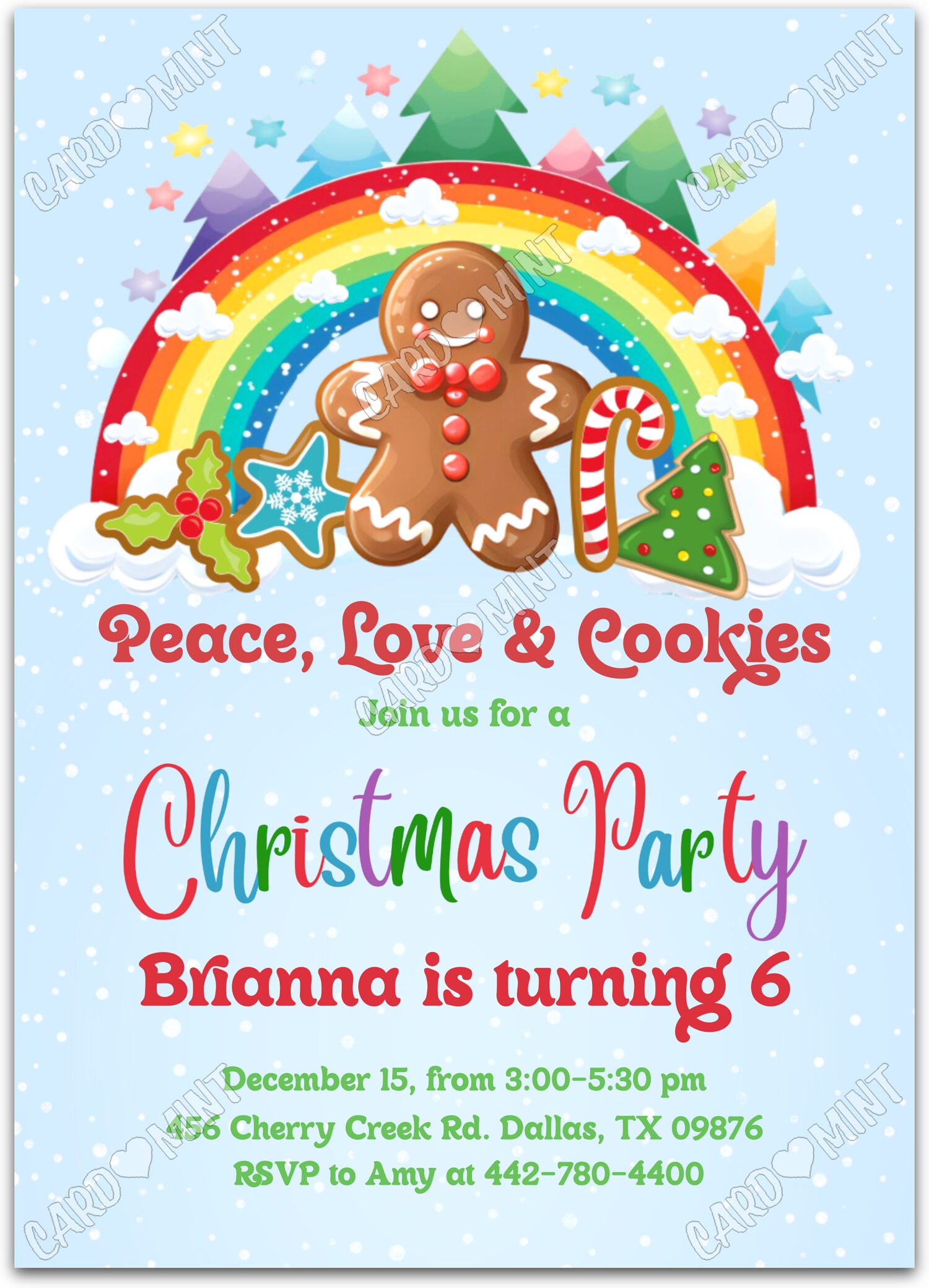 Editable Peace, Love & Cookies blue gingerbread cookie girl Christmas Birthday Party 5"x7" Invitation EV1896