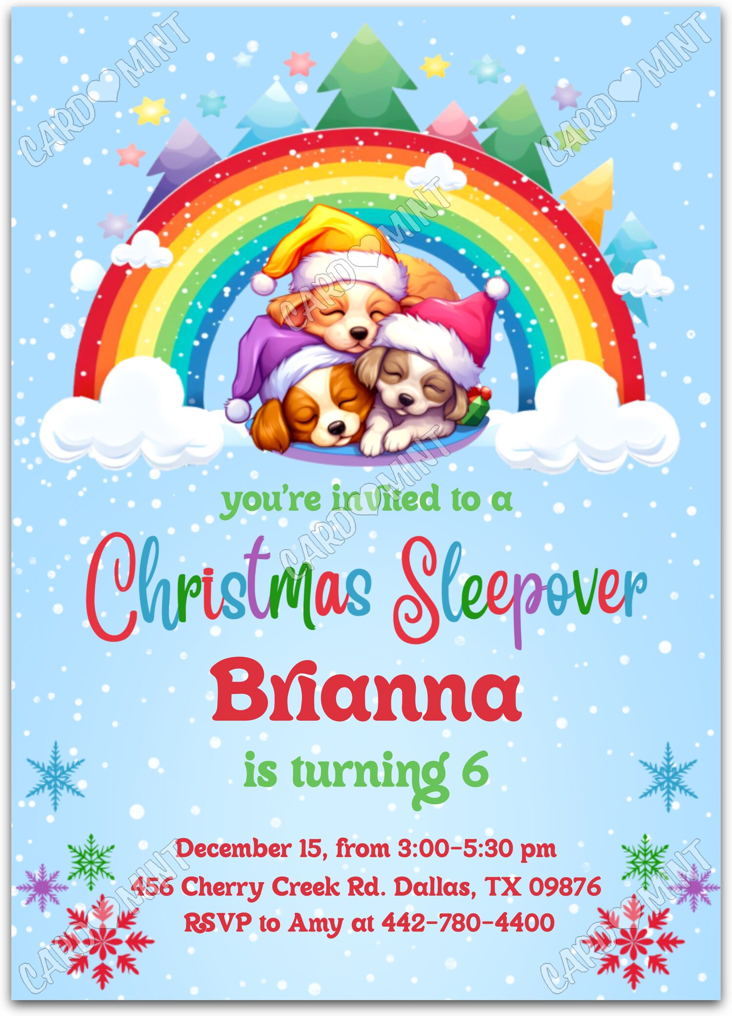 Editable Christmas Sleepover blue puppies girl Christmas Fête d'Anniversaire 5"x7" Invitation EV1899