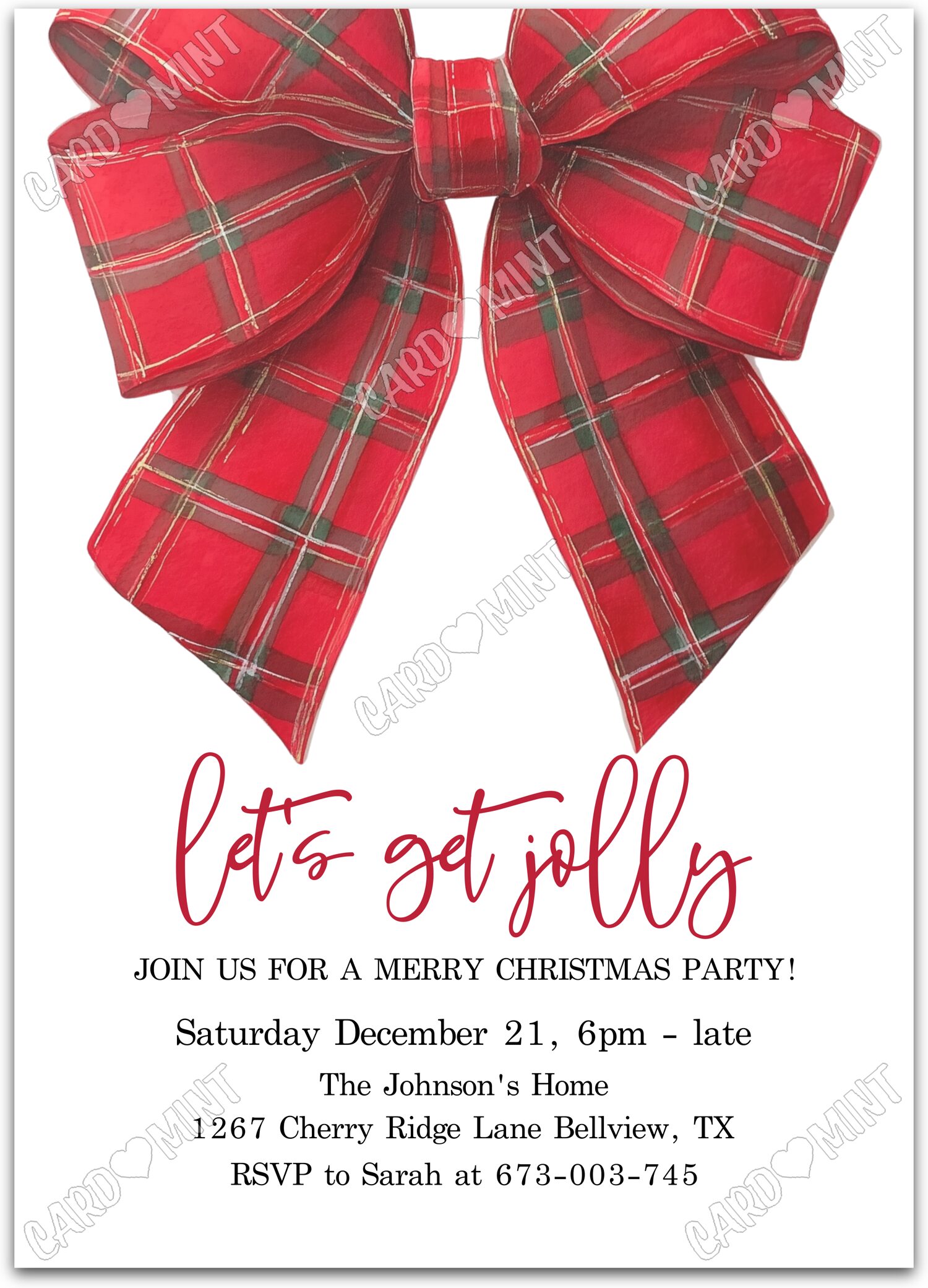 Editable Let's Get Jolly white plaid tartan bow Christmas Christmas Party 5"x7" Invitation EV1904