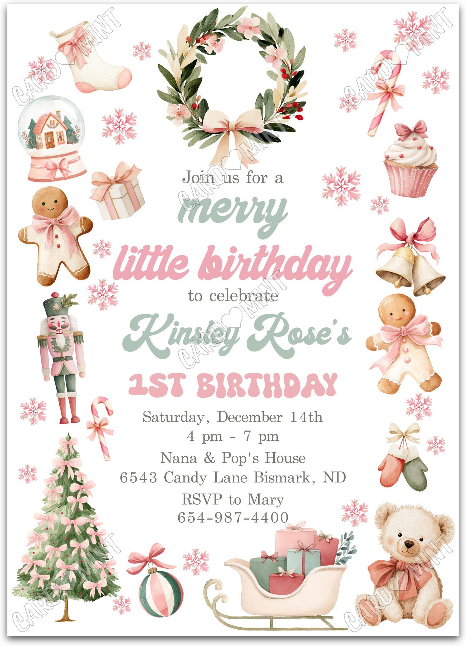 Editable Merry Little white holiday items girl Christmas Birthday Party 5"x7" Invitation EV1910