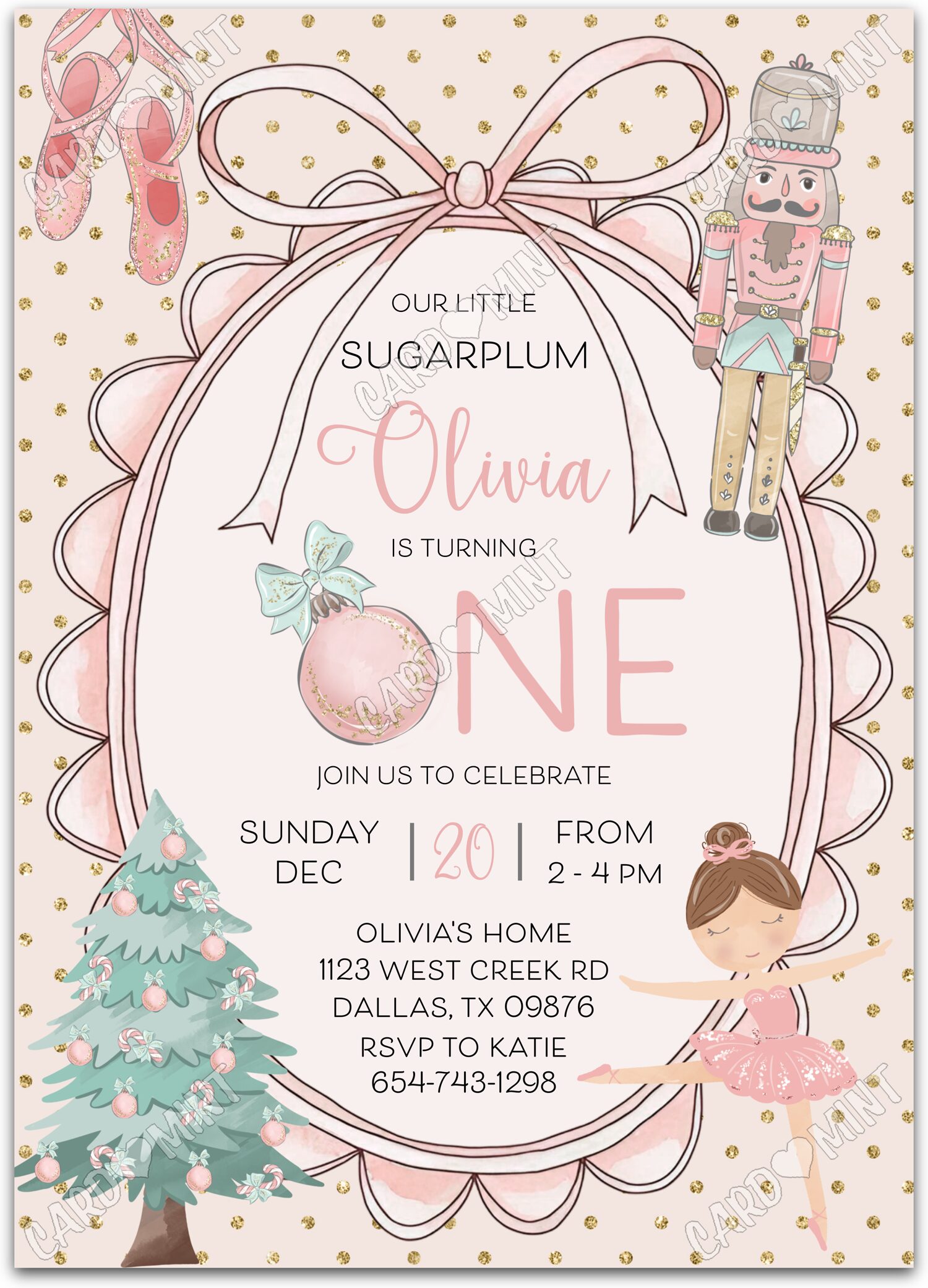 Editable Our Little Sugarplum pink holiday ornaments girl Christmas First Birthday Party 5"x7" Invitation EV1913
