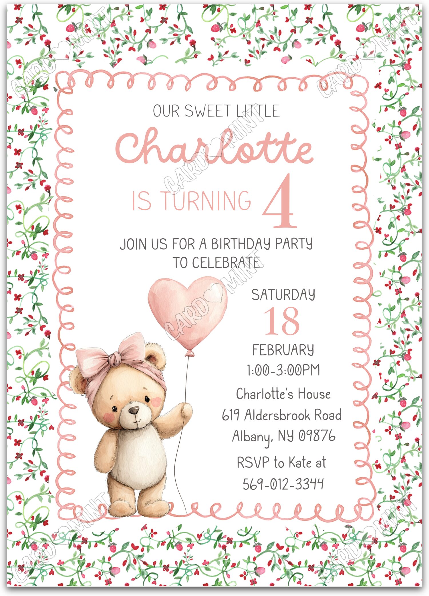 Editable Pink Bear white pink heart balloon & floral pattern girl Birthday Party 5"x7" Invitation EV1915