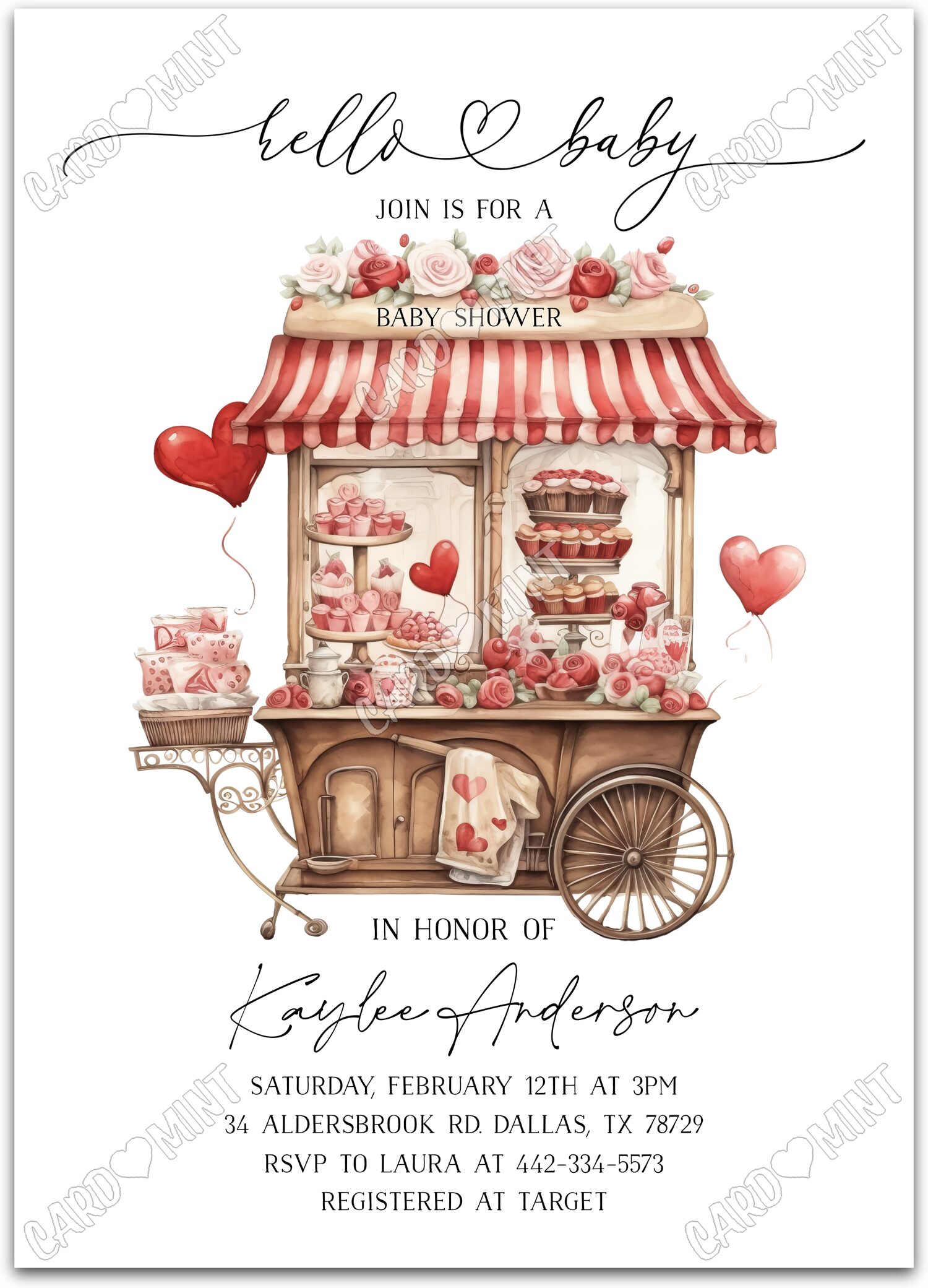 Editable Pink Heart Cakes white pink cake cart girl Baby Shower 5"x7" Invitation EV1916