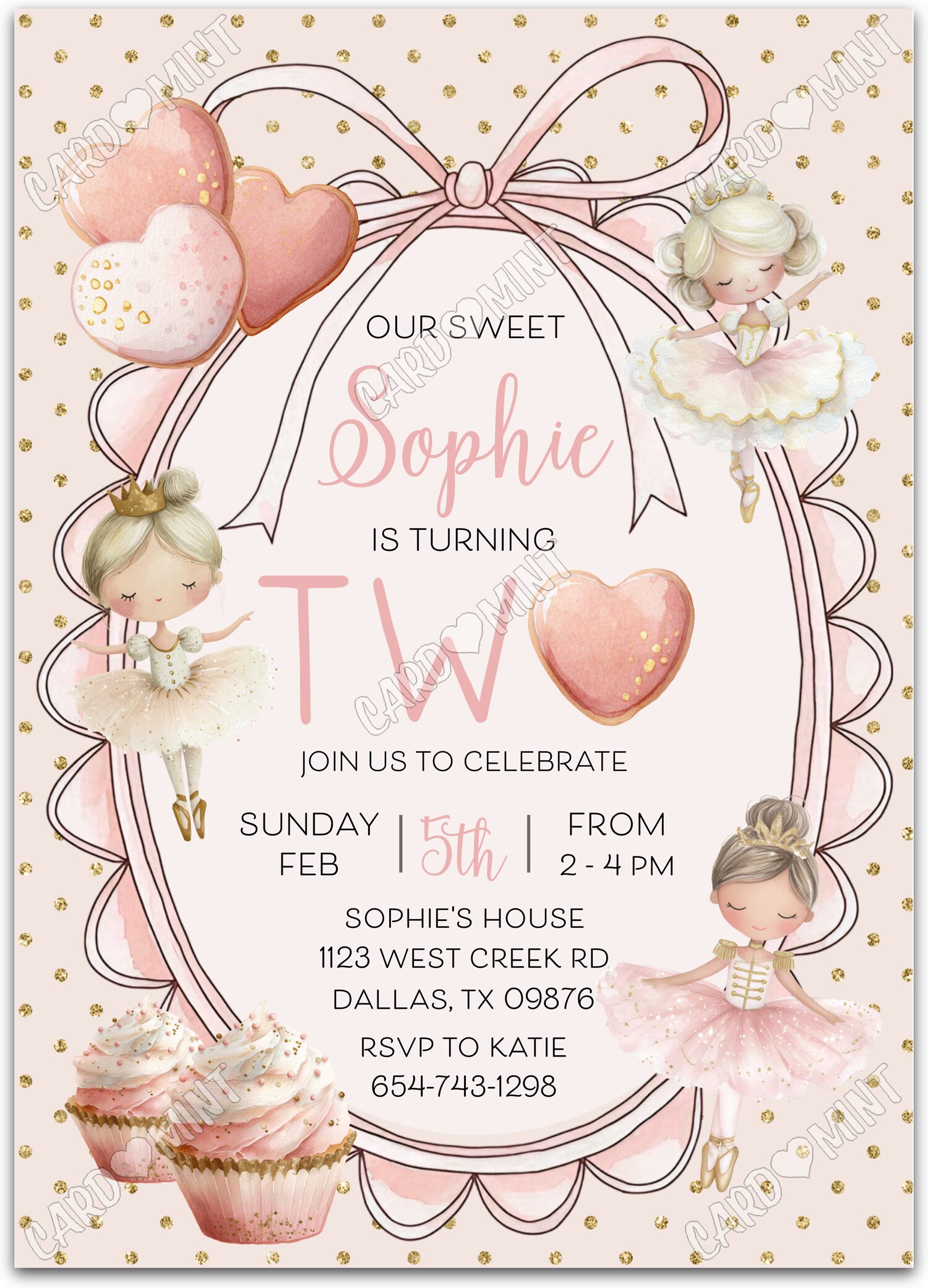 Editable Our Sweet Two pink little ballerinas girl 2nd Fête d'Anniversaire 5"x7" Invitation EV1917