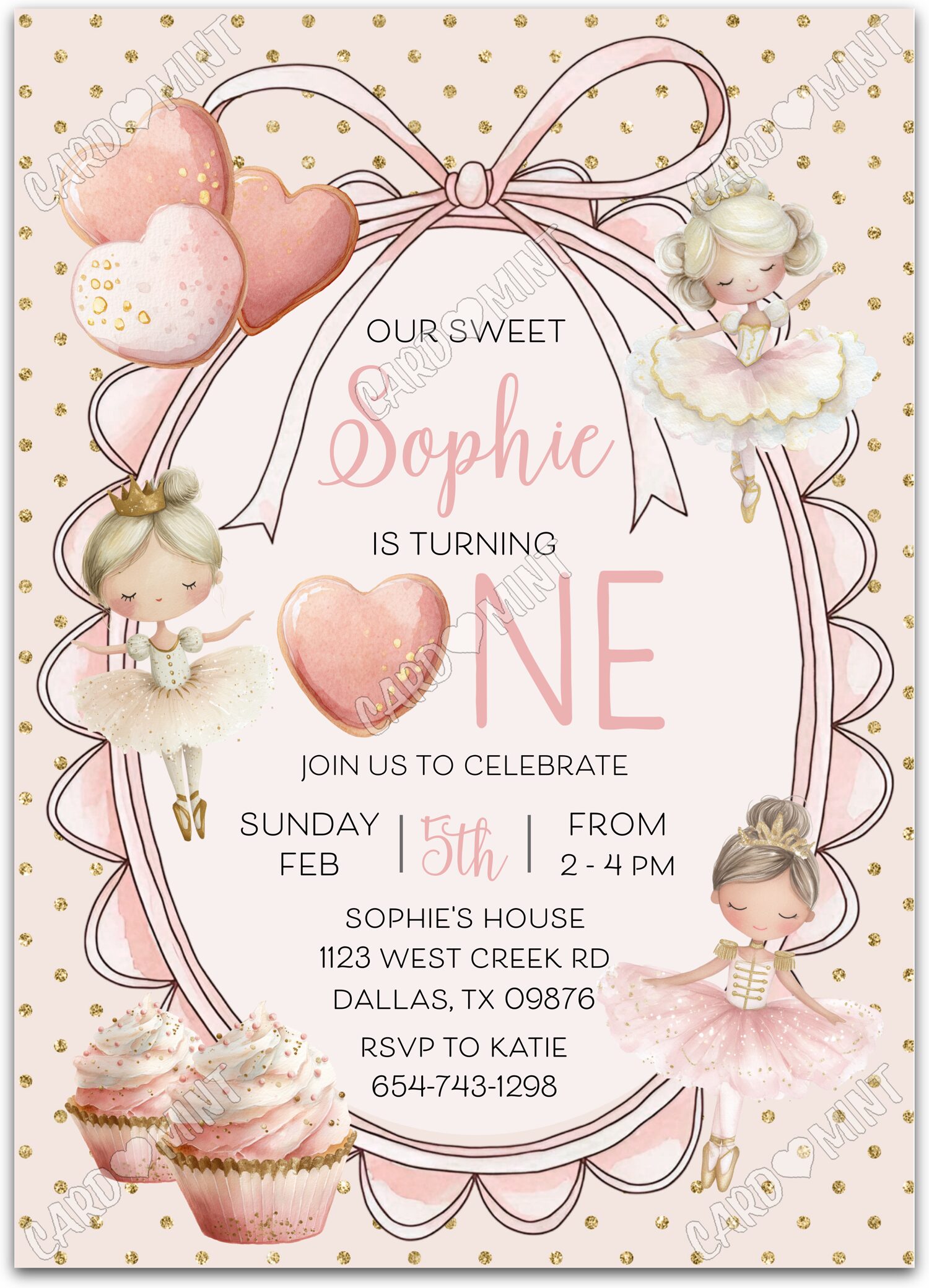 Editable Sweet One pink little ballerinas girl First Birthday Party 5"x7" Invitation EV1918