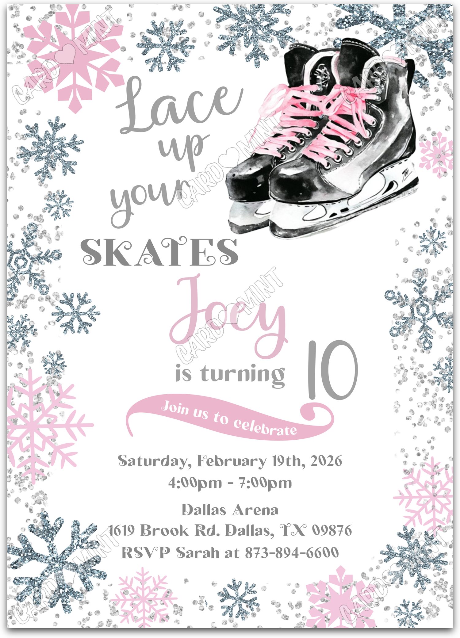 Editable Lace Up Your Skates white skates w/pink laces girl Birthday Party 5"x7" Invitation EV1919