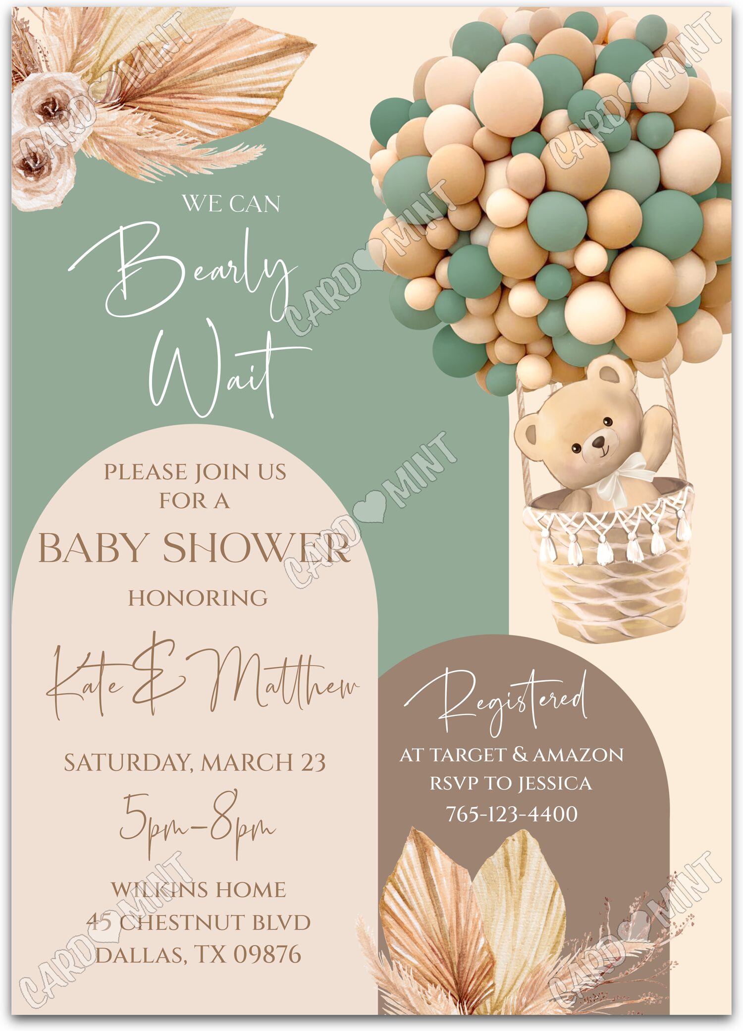 Editable Bearly Wait beige balloon arch boy Baby Shower 5"x7" Invitation EV1926