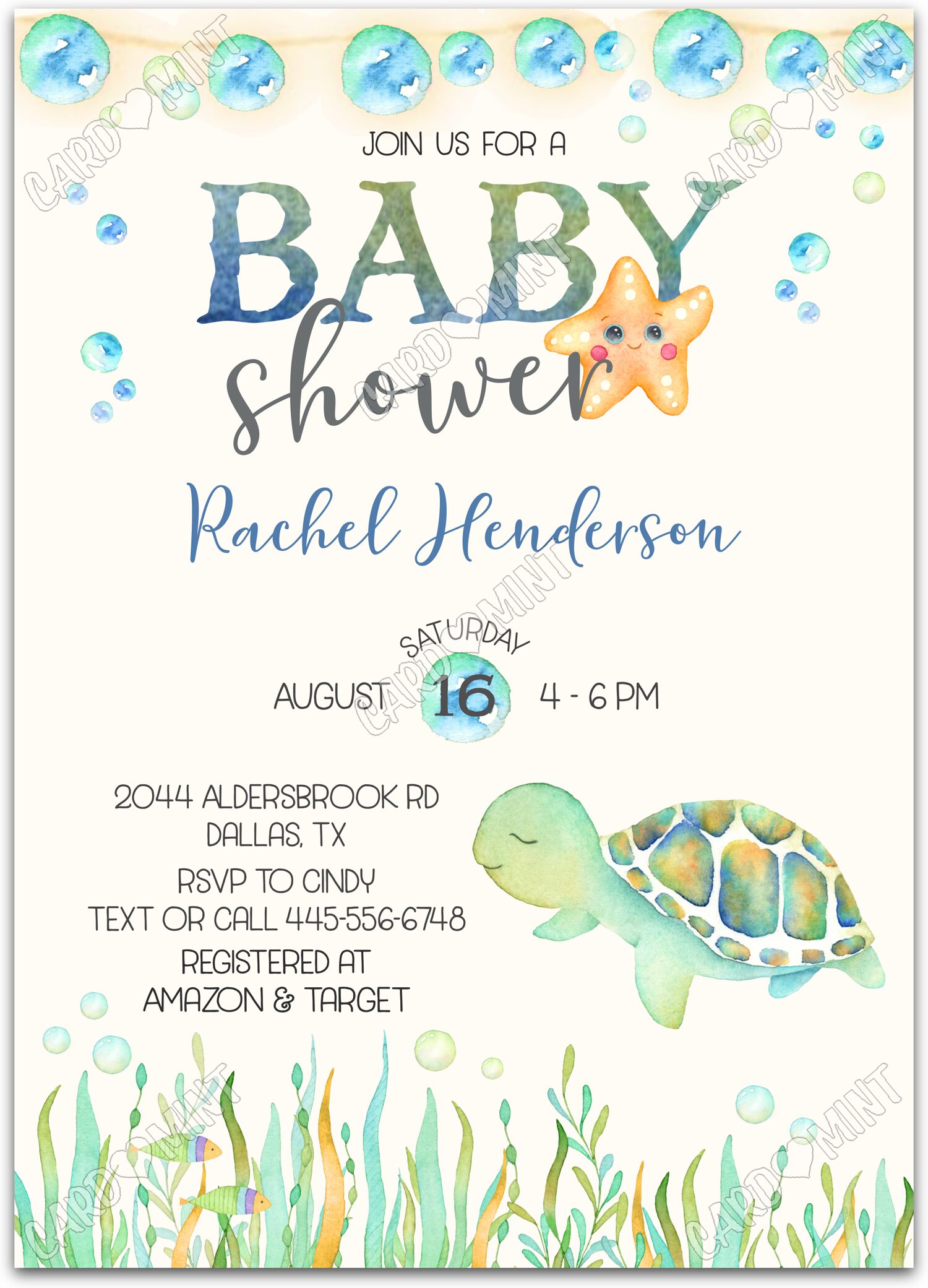 Editable Under The Sea green/blue sea turtle boy Baby Shower 5"x7" Invitation EV1927
