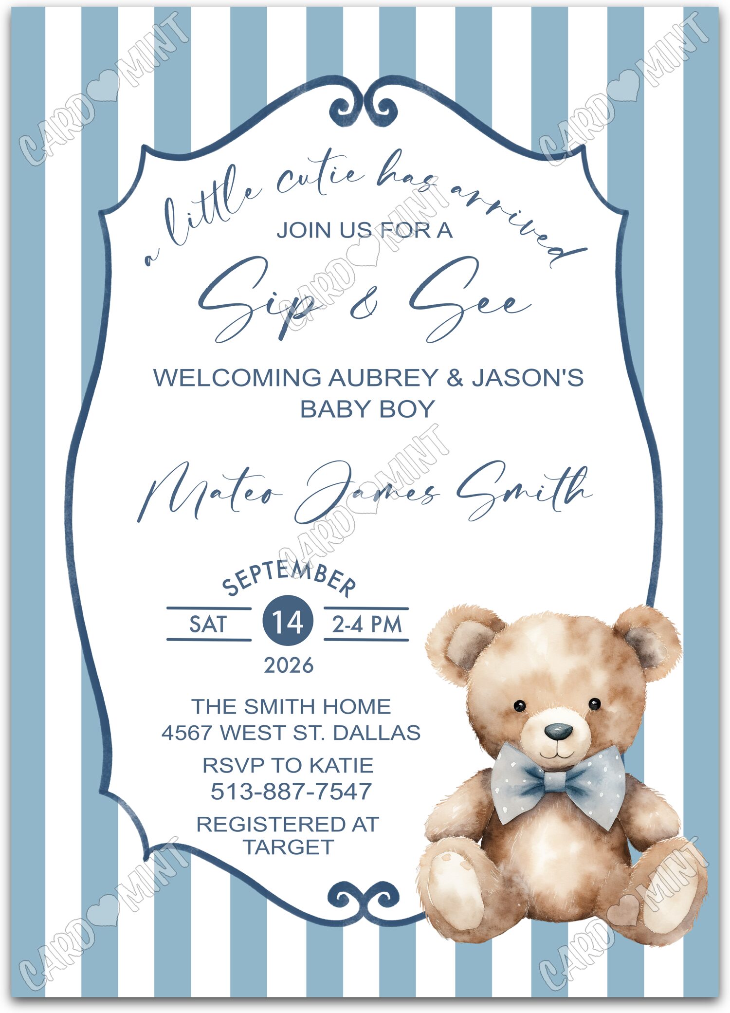 Editable Sip & See blue baby teddy & striped pattern boy Douche de bébé 5"x7" Invitation EV1930