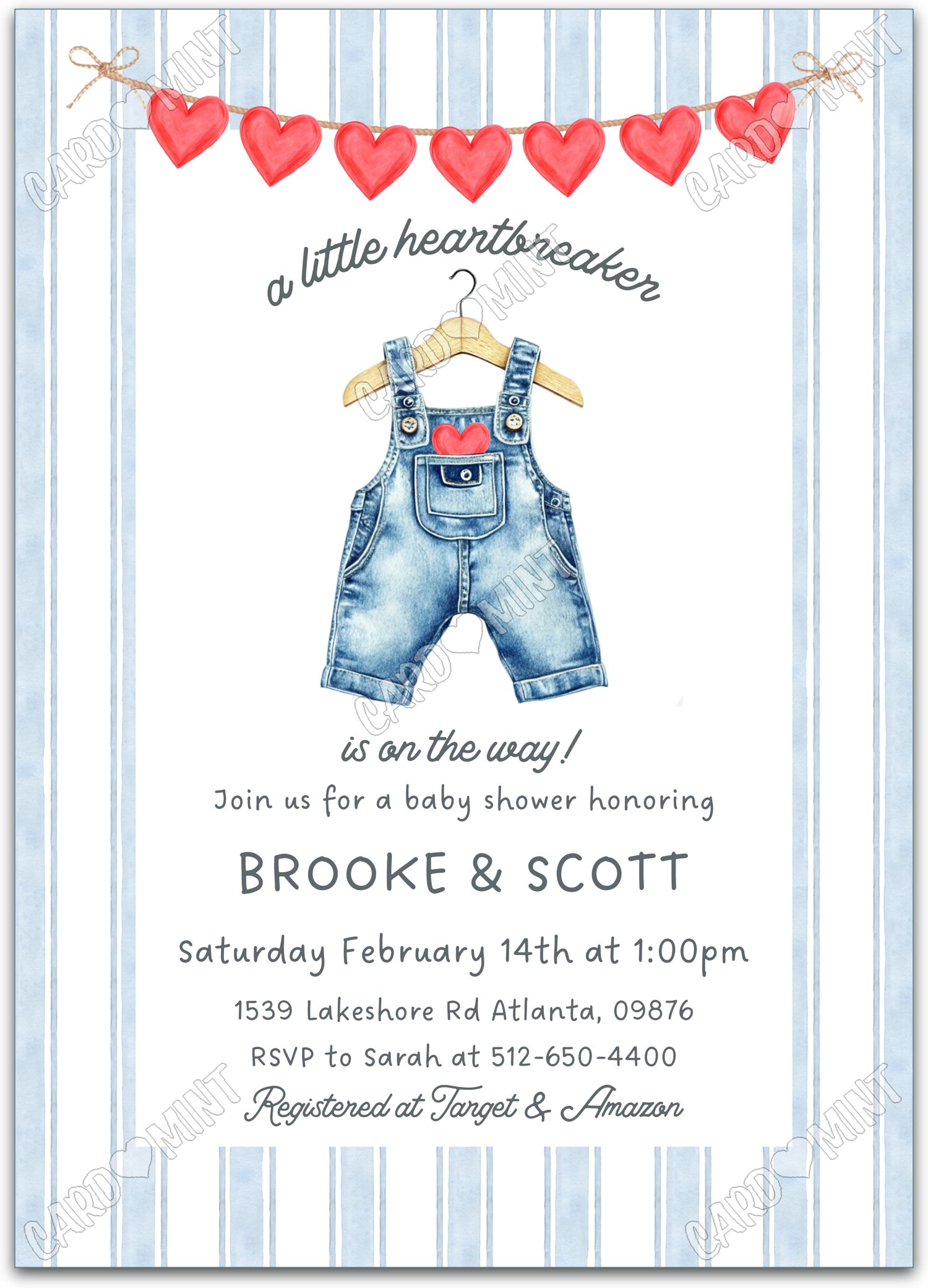 Editable A Little Heartbreaker blue baby blue jeans & striped pattern boy Douche de bébé 5"x7" Invitation EV1931