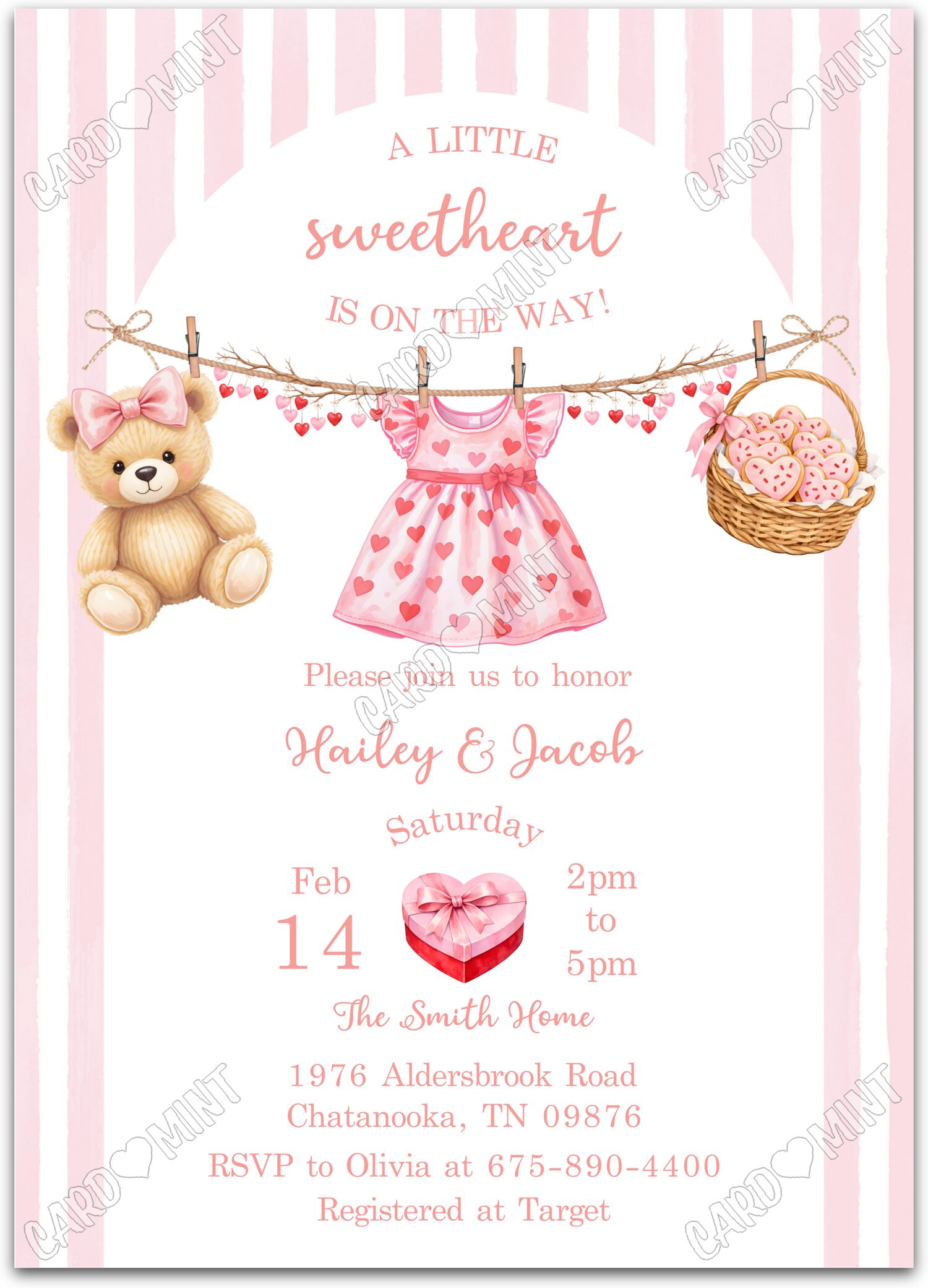 Editable A Little Sweetheart pink pink baby items & striped pattern girl Douche de bébé 5"x7" Invitation EV1932