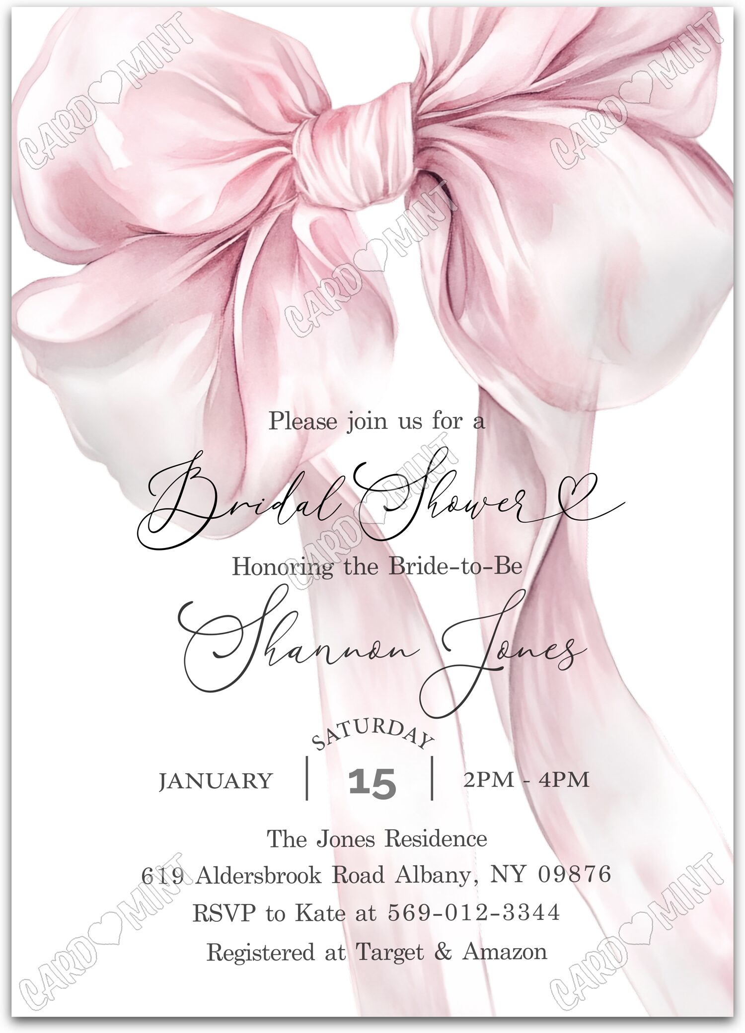 Editable Coquette Bow white pink bow Bridal Shower 5"x7" Invitation EV1933