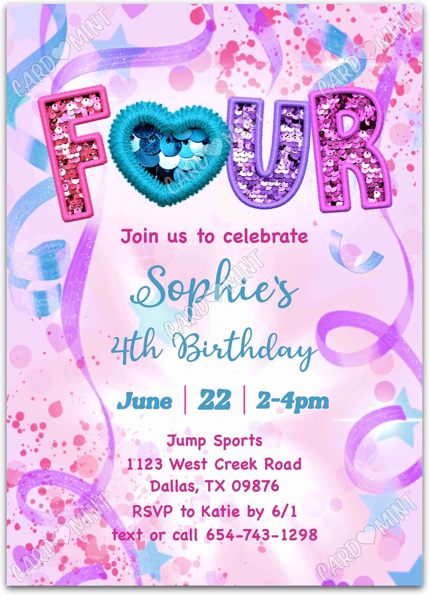 Editable Turning Four purple glitter sequins & confetti pattern girl Birthday Party 5"x7" Invitation EV1938-4