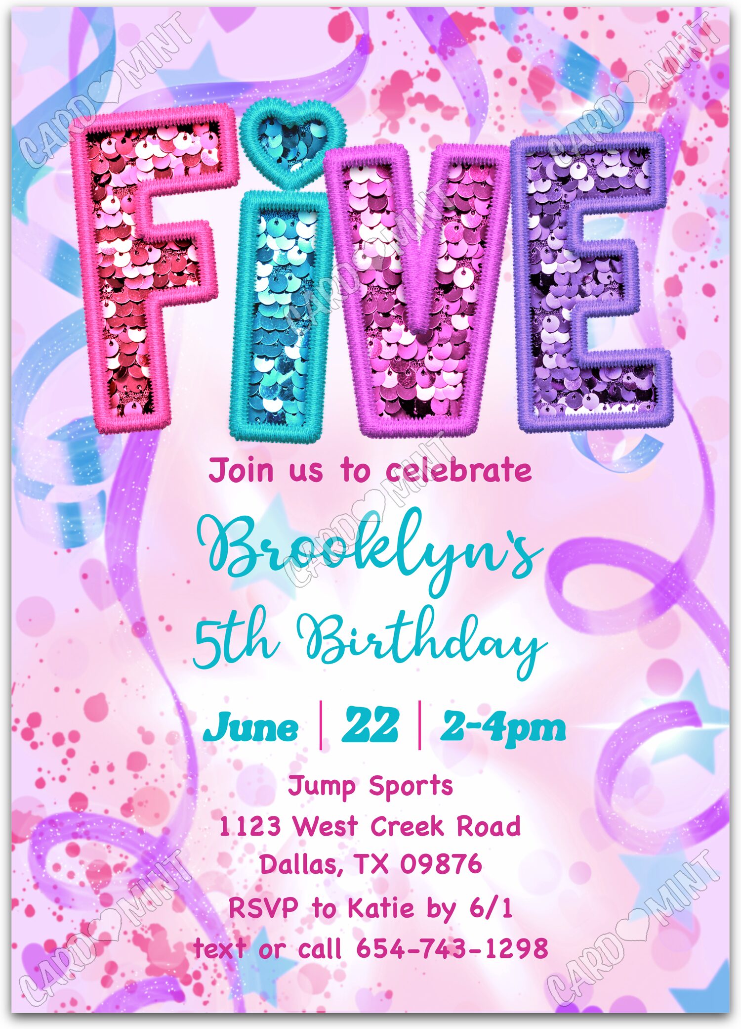 Editable Turning Five purple glitter sequins & confetti pattern girl Birthday Party 5"x7" Invitation EV1938-5