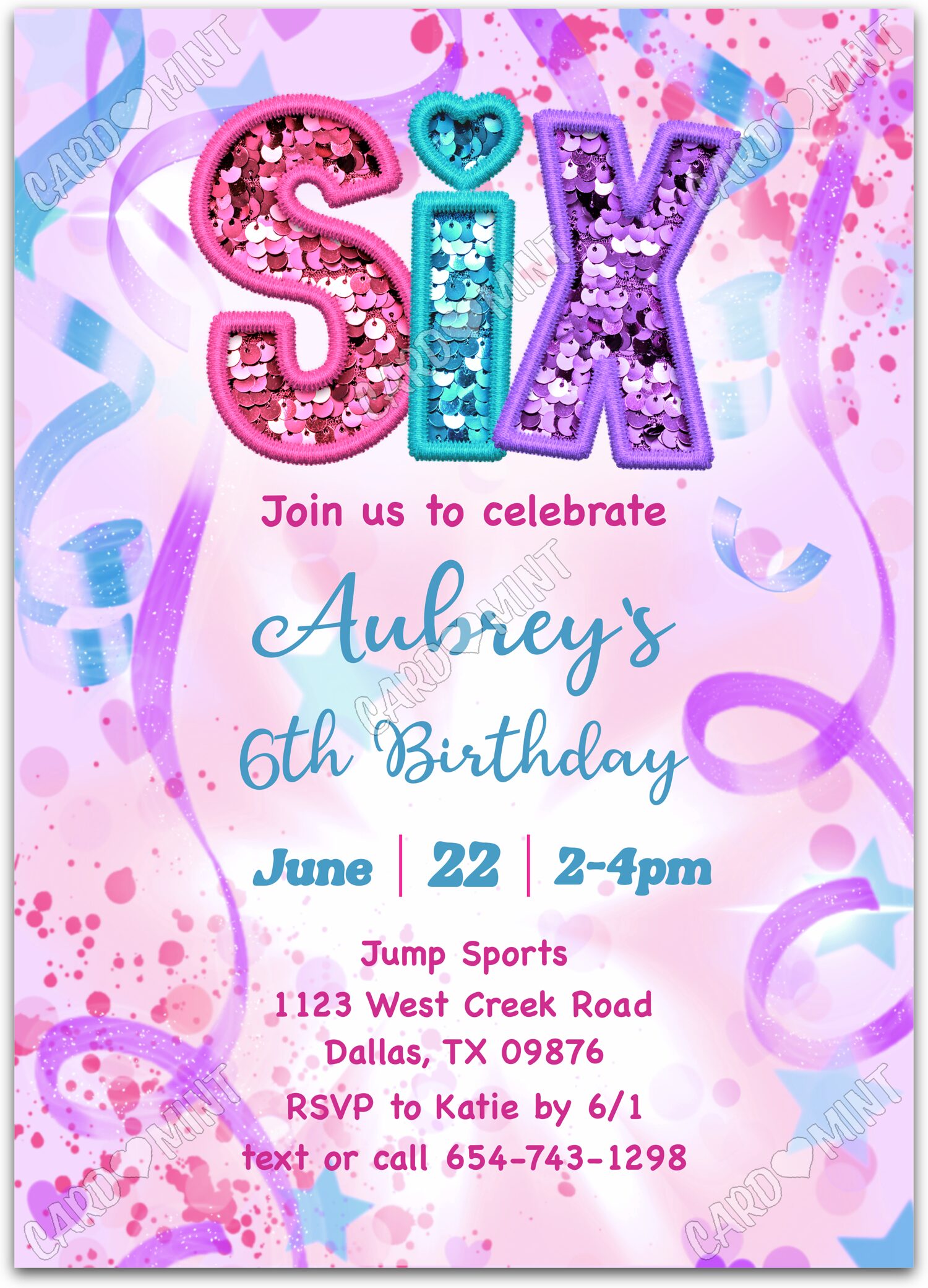 Editable Turning Six purple glitter sequins & confetti pattern girl Birthday Party 5"x7" Invitation EV1938-6