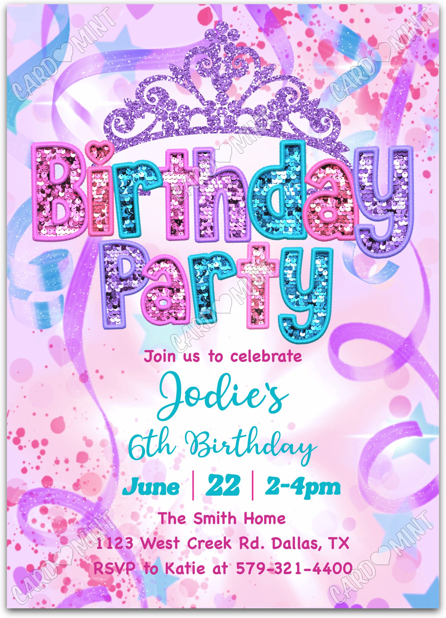 Editable Glitter Princess purple glitter sequins, crown & confetti pattern girl Birthday Party 5"x7" Invitation EV1939