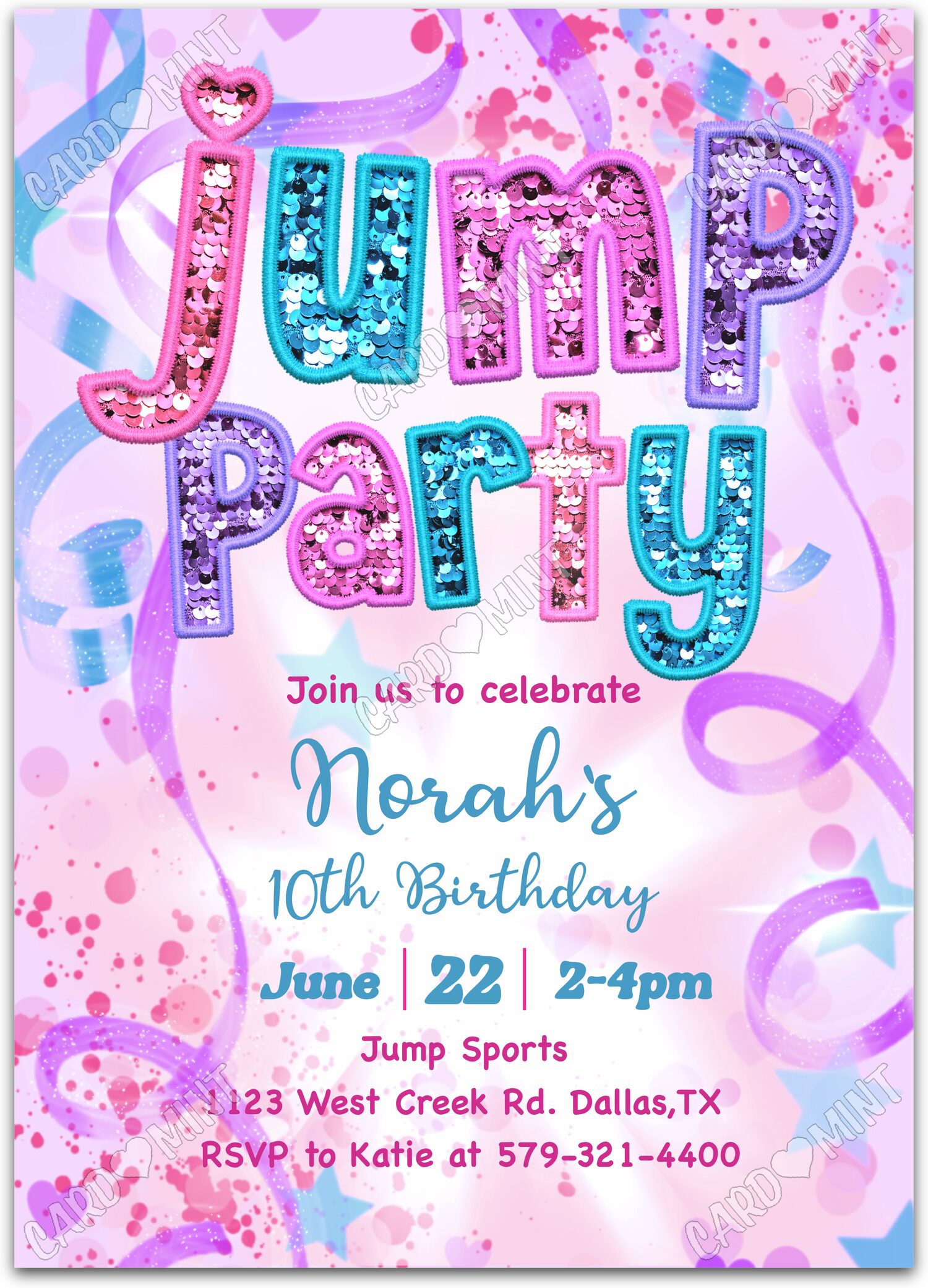 Editable Jump Party purple glitter sequins & confetti pattern girl Fête d'Anniversaire 5"x7" Invitation EV1940