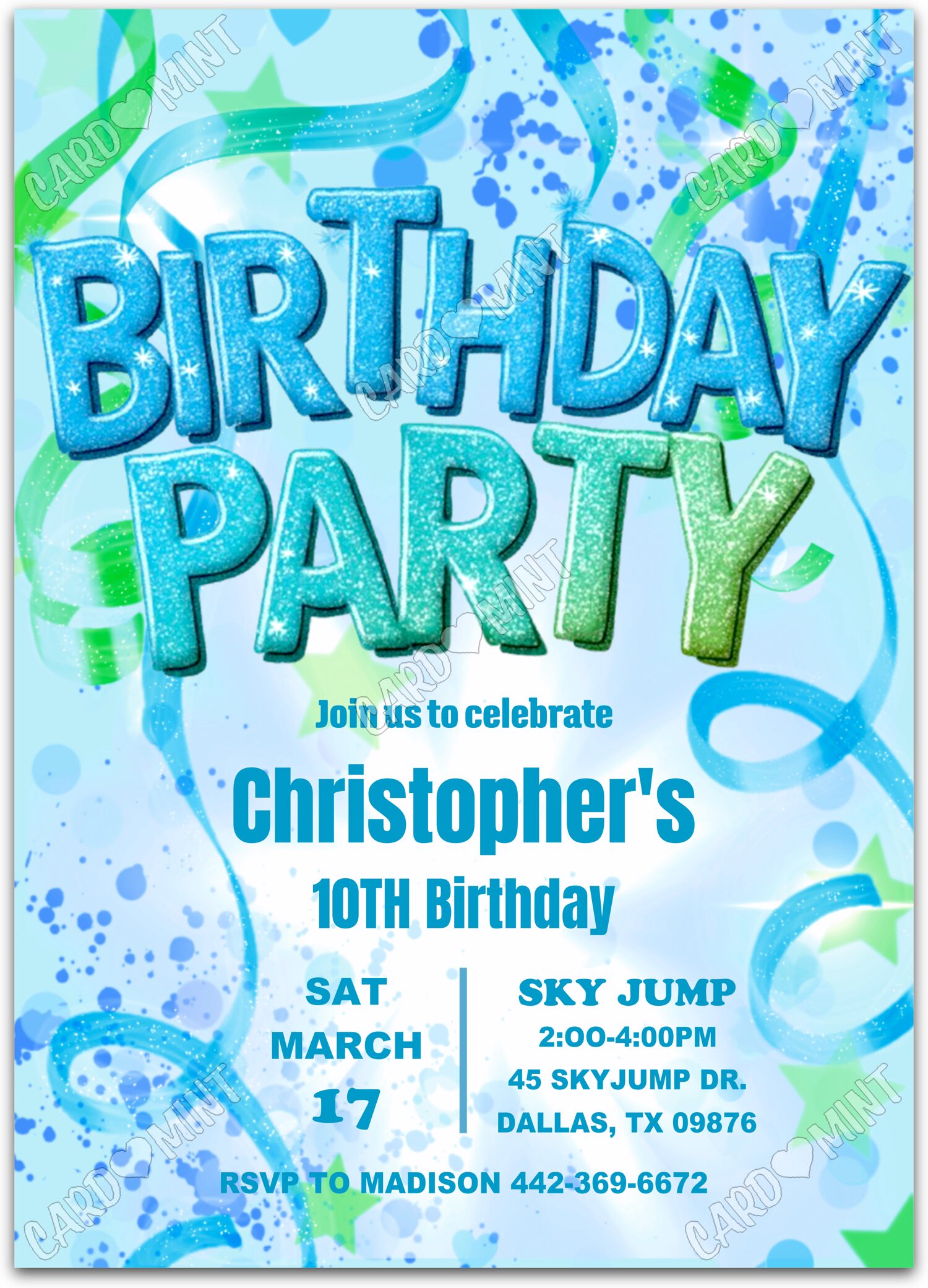 Editable Blue Boy blue glitter swirls & confetti pattern boy Birthday Party 5"x7" Invitation EV1945