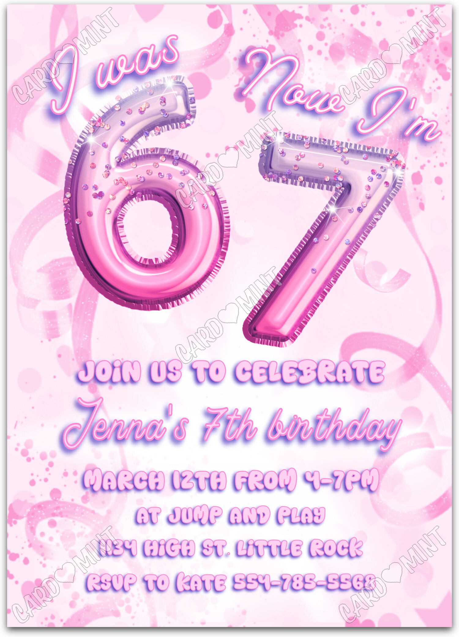 Editable Was 6 Now 7 pink swirls & confetti pattern girl Birthday Party 5"x7" Invitation EV1946