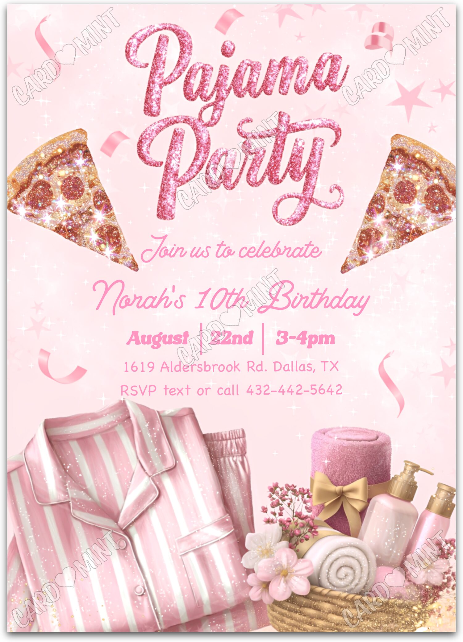 Editable Pajama Spa pink glam, glitter, pizza girl Birthday Party 5"x7" Invitation EV1947