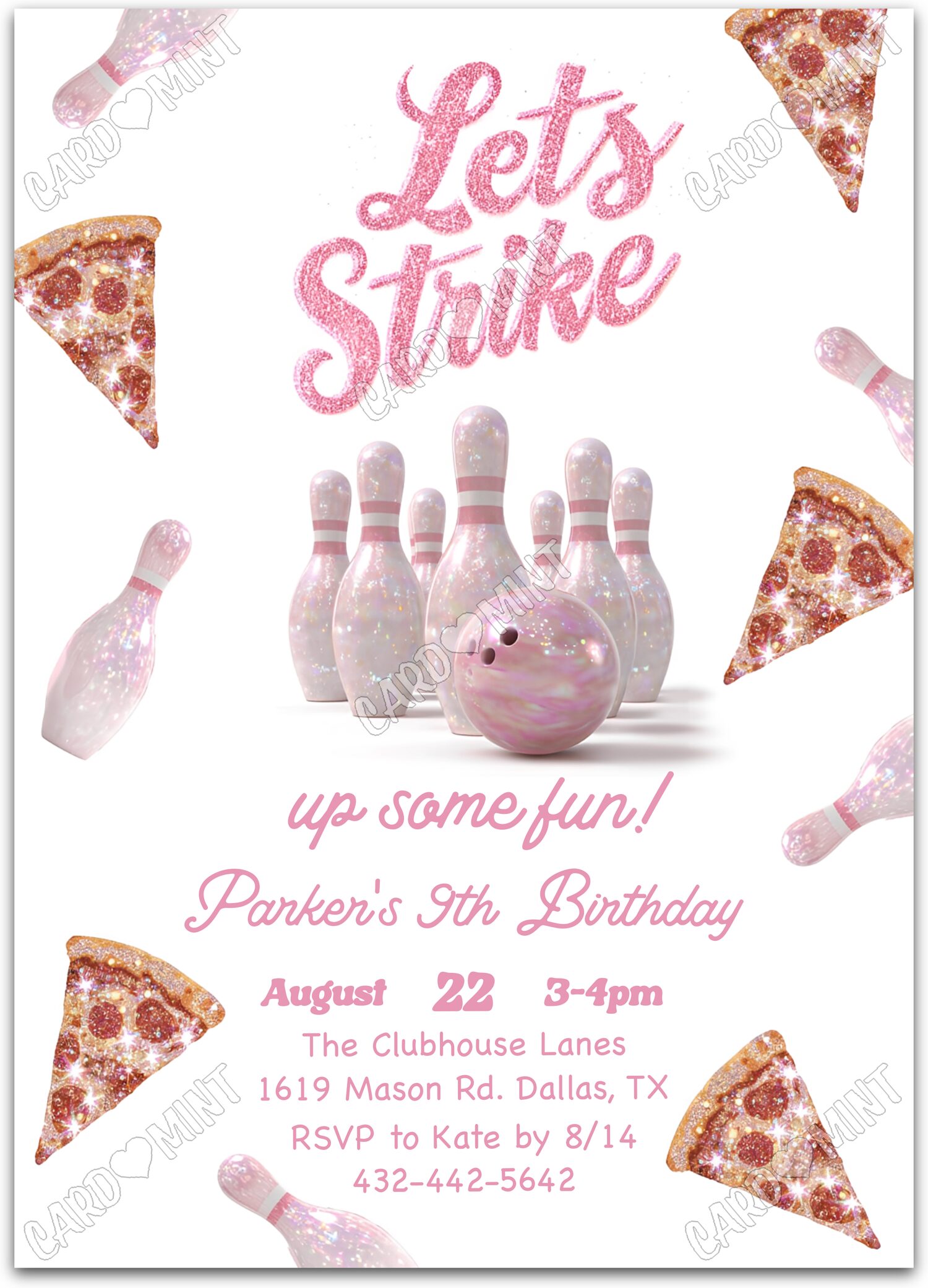 Editable Let's Strike Up Some Fun white bowling, glitter, pizza girl Birthday Party 5"x7" Invitation EV1948