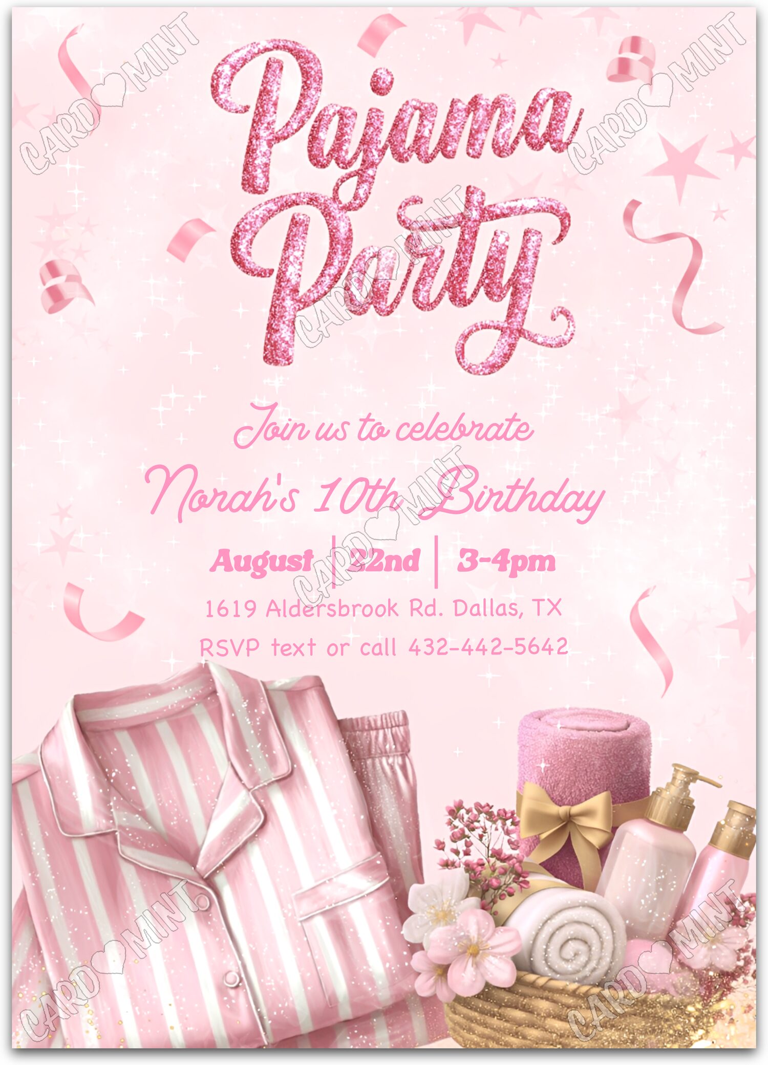 Editable Pajama Spa pink glam, glitter girl Birthday Party 5"x7" Invitation EV1949