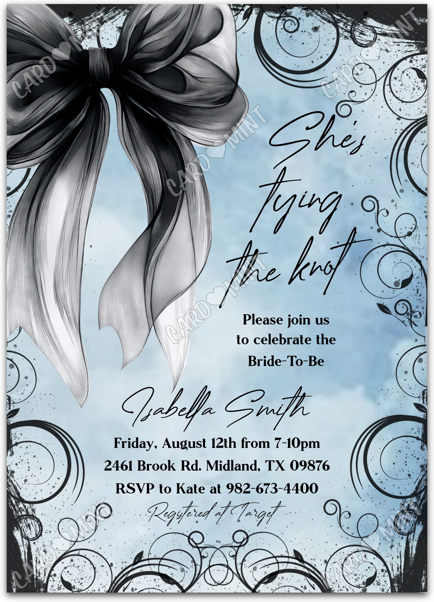 Editable She's Tying the Knot blue Gothic black bow Bridal Shower 5"x7" Invitation EV1951