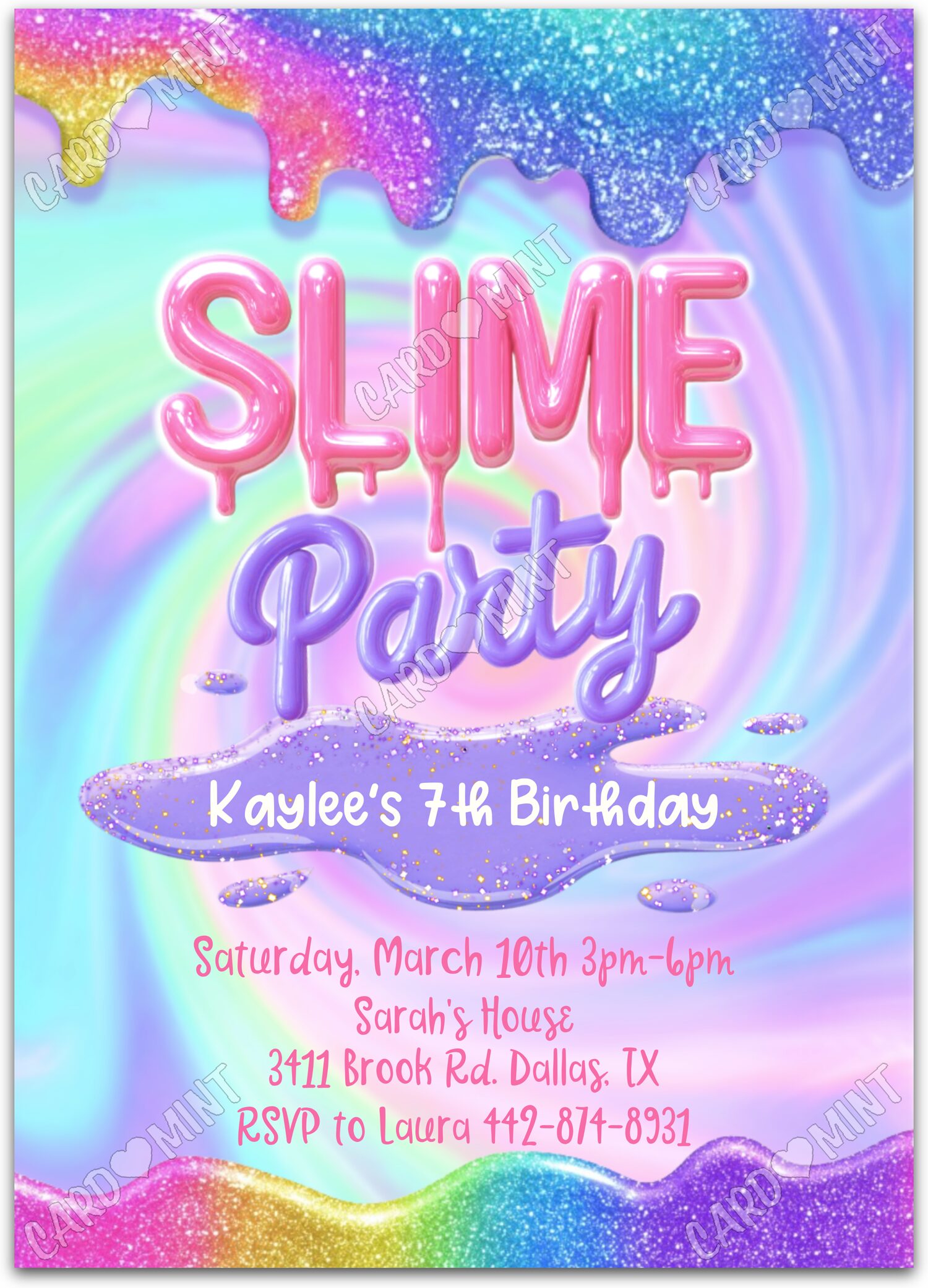 Editable Slime Party rainbow glitter girl Birthday Party 5"x7" Invitation EV1953