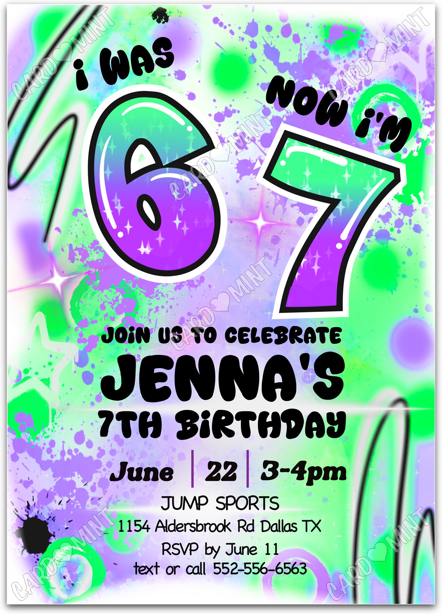 Editable Was 6 Now 7 purple & green splashes girl Birthday Party 5"x7" Invitation EV1958