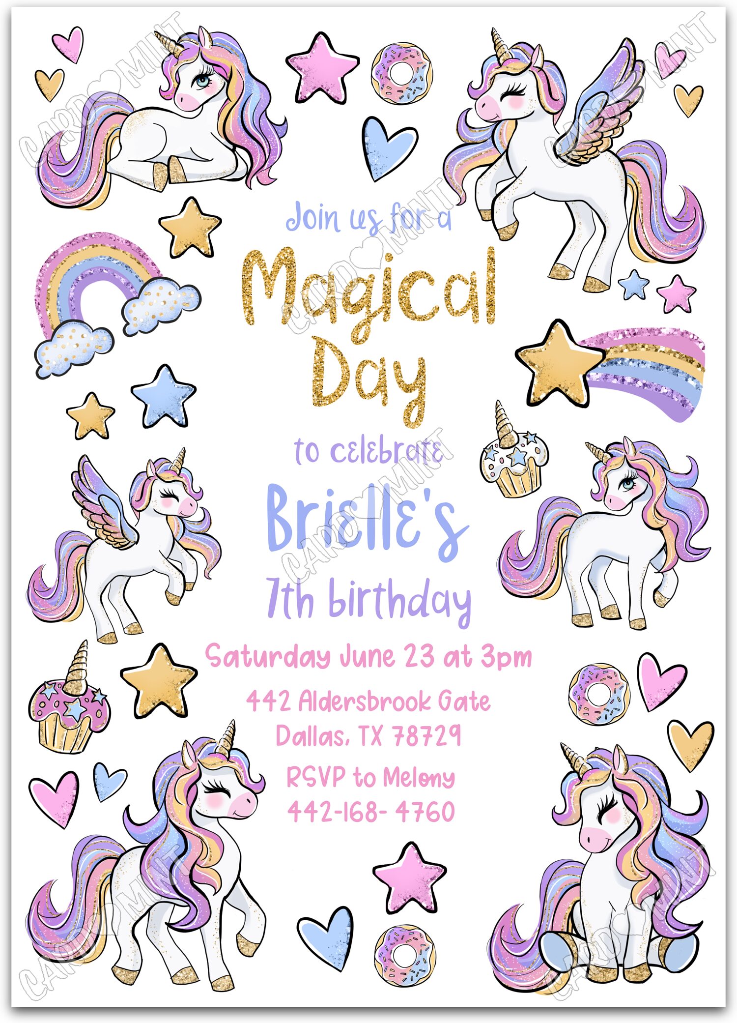 Editable Magical Day glitter unicorns & rainbows girl Birthday Party 5"x7" Invitation EV1962
