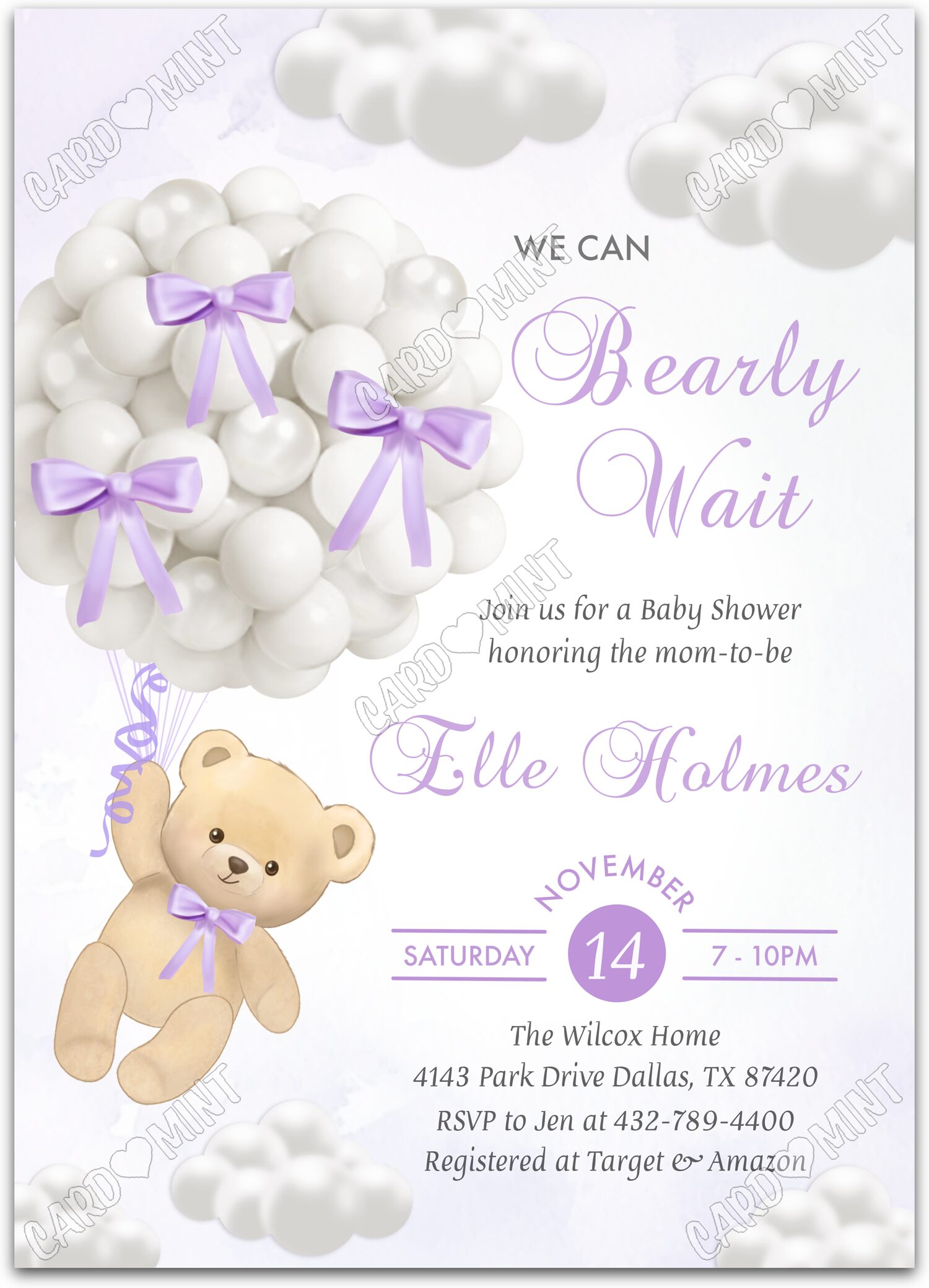 Editable Bearly Wait white bear, balloons & lavender bows girl Baby Shower 5"x7" Invitation EV1964