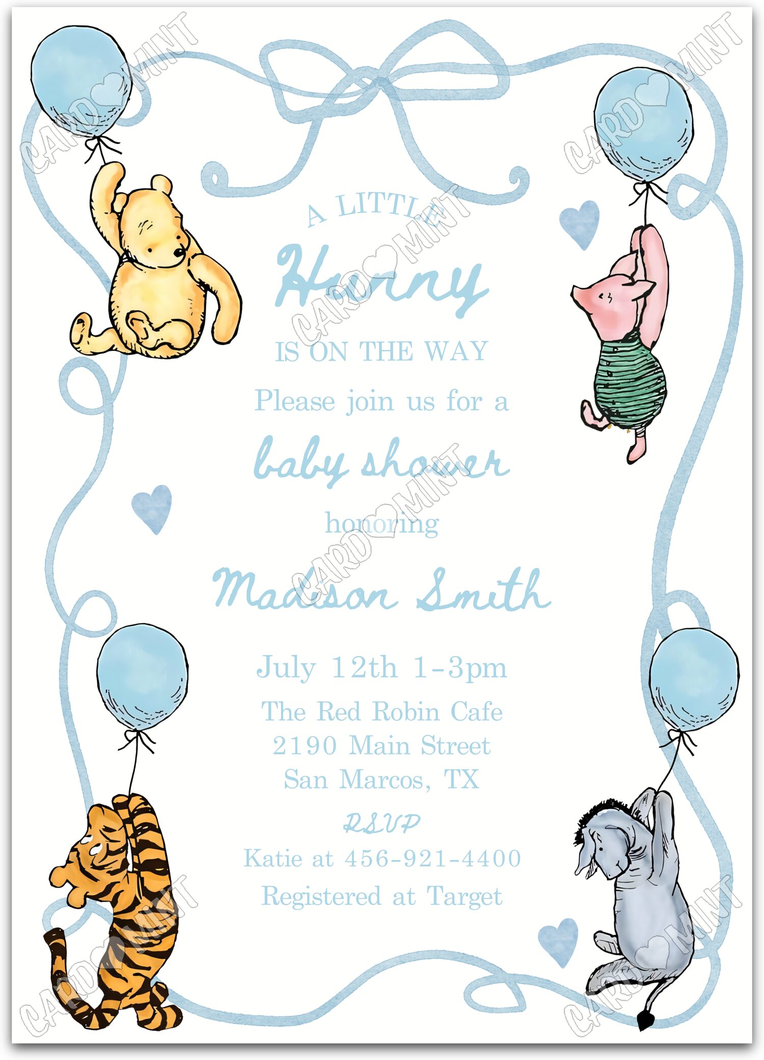 Editable A Little Hunny white pooh & friends boy Baby Shower 5"x7" Invitation EV1966