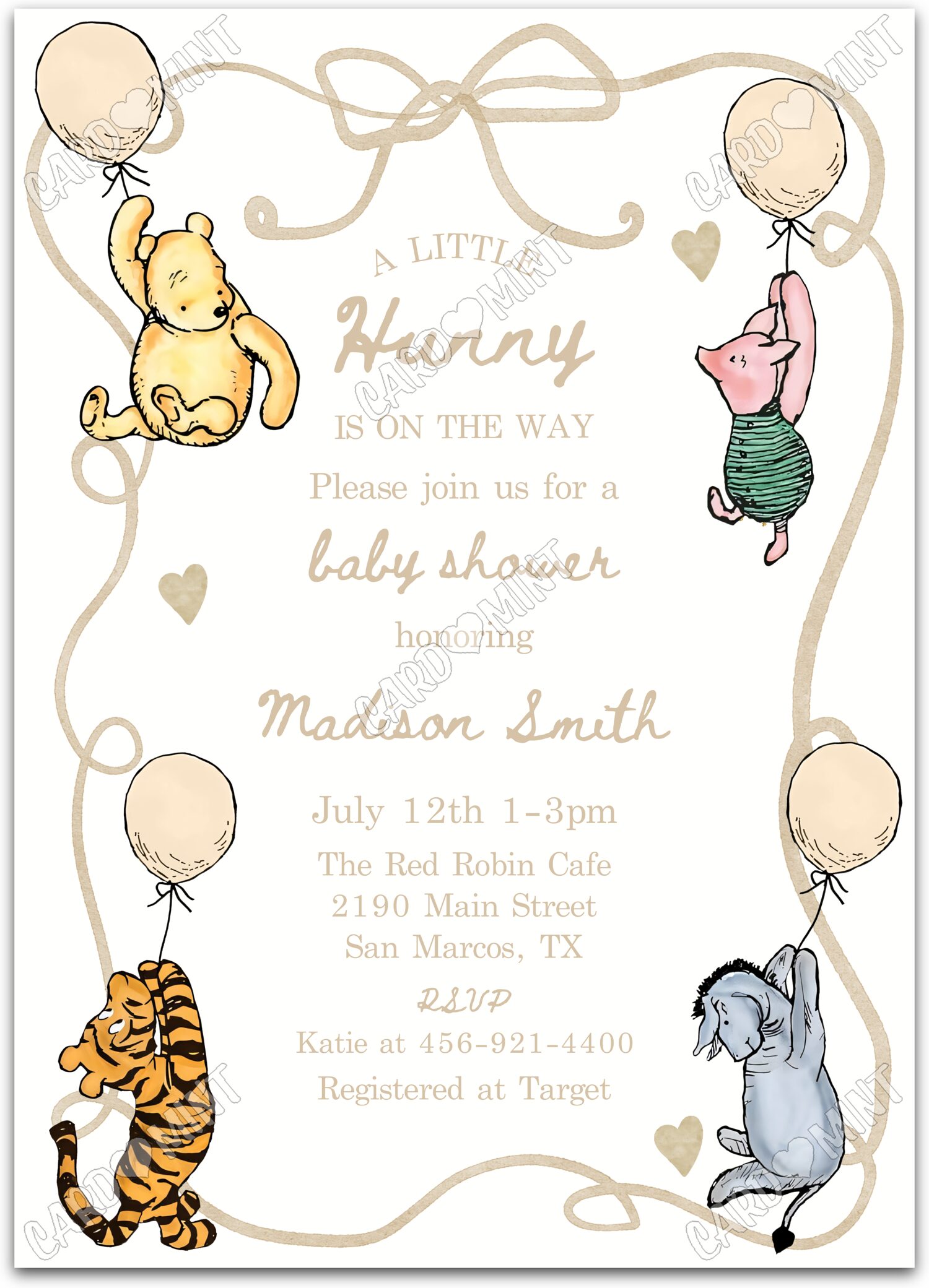 Editable A Little Hunny beige pooh & friends, neutral neutral Baby Shower 5"x7" Invitation EV1967