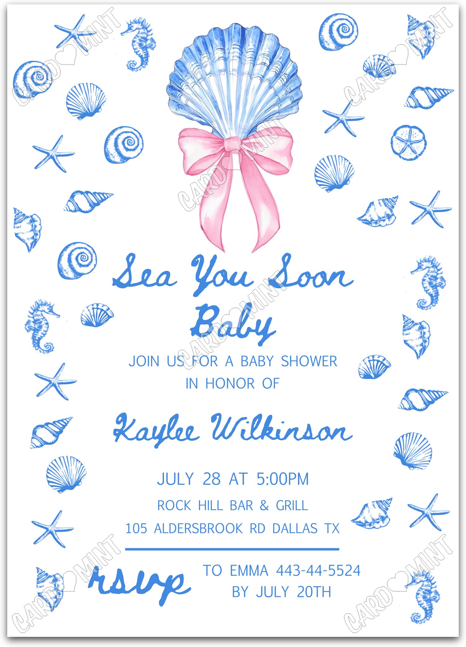 Editable Sea You Soon blue seashells & pink bow Baby Shower 5"x7" Invitation EV1970
