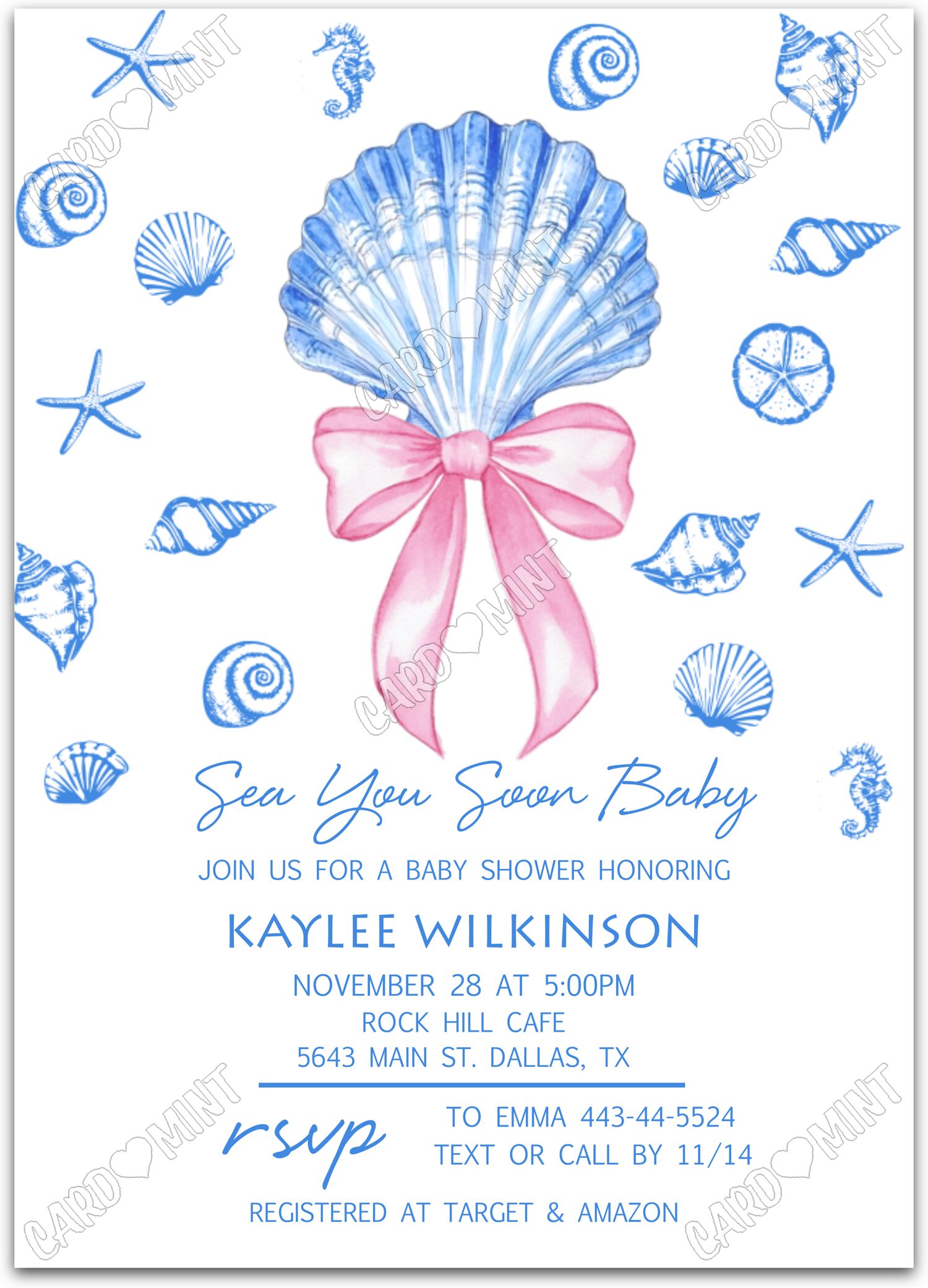 Editable Sea You Soon Baby blue seashells & pink bow Baby Shower 5"x7" Invitation EV1972