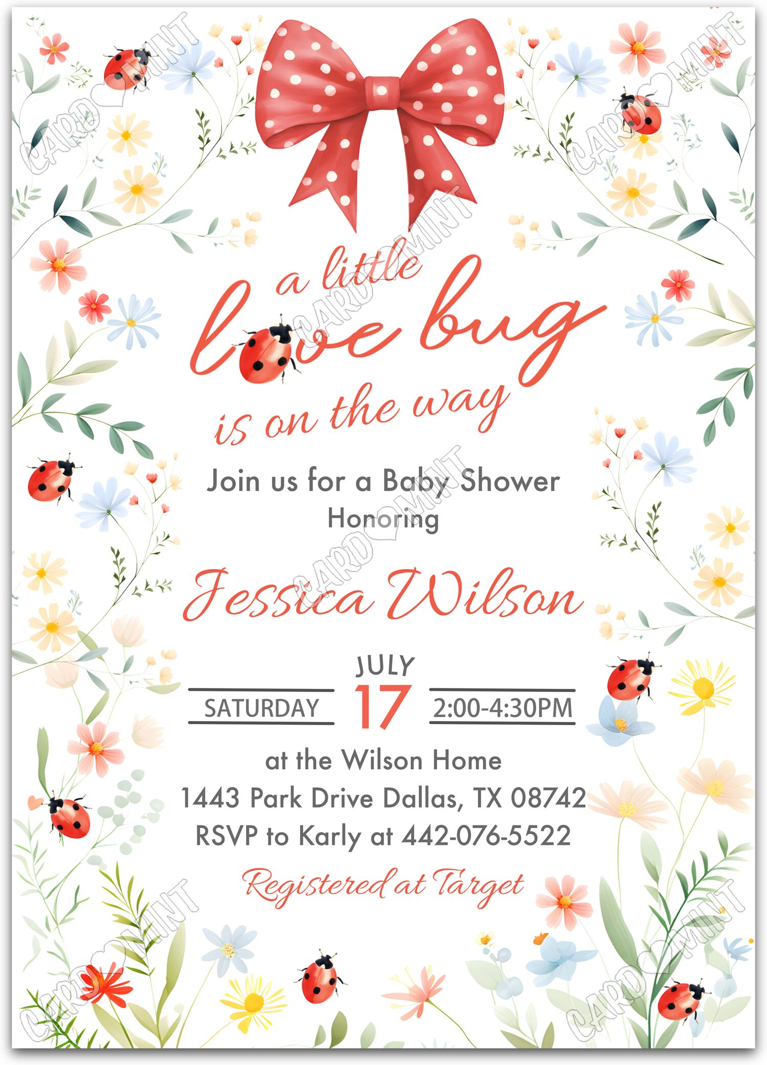 Editable A Little Love Bug white ladybugs & wildflowers girl Baby Shower 5"x7" Invitation EV1973