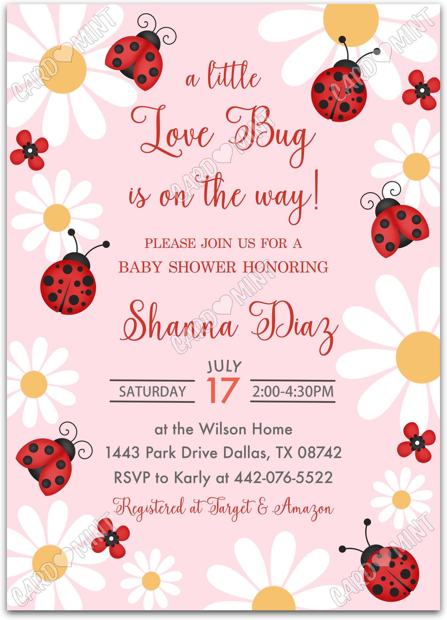 Editable A Little Love Bug ladybugs & daisies girl Baby Shower 5"x7" Invitation EV1977