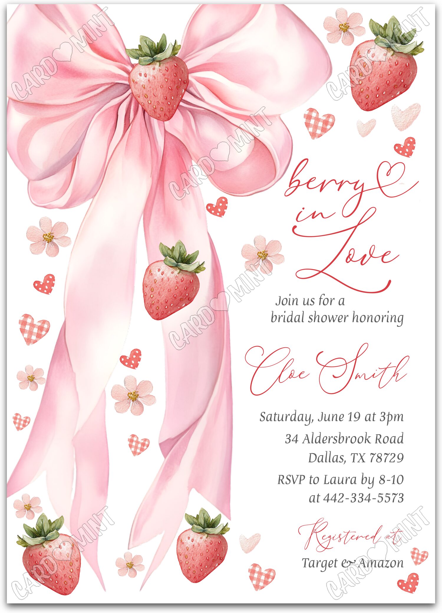 Editable Berry in Love white strawberries & pink bow Bridal Shower 5"x7" Invitation EV1979