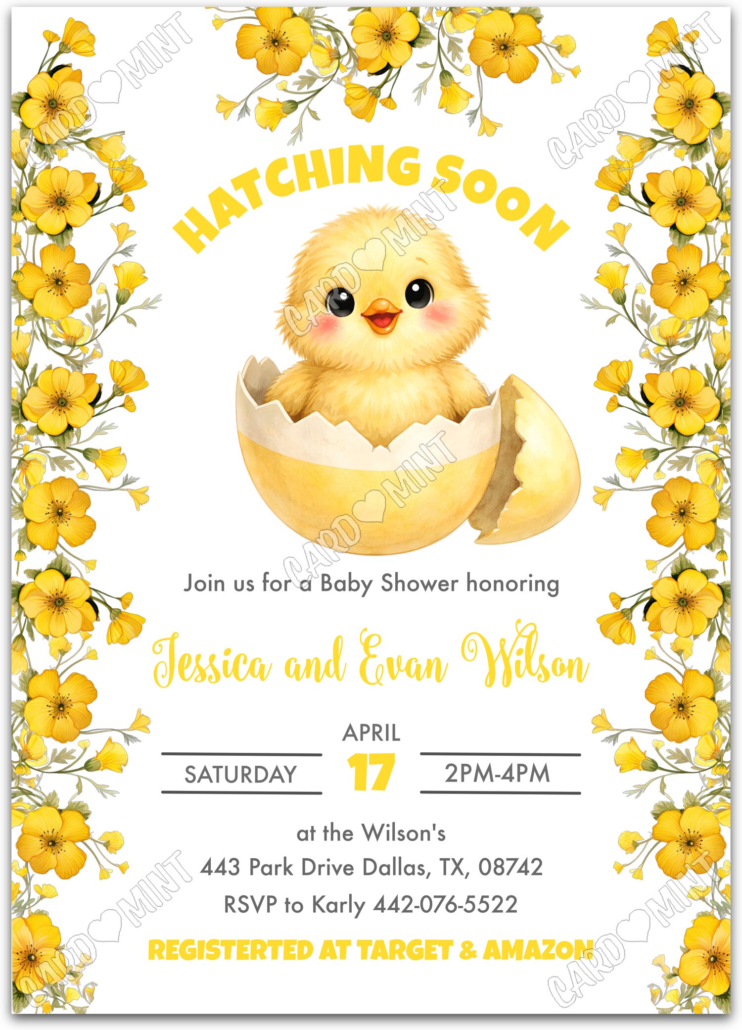 Editable Hatching Soon yellow buttercups & baby chick Baby Shower 5"x7" Invitation EV1981