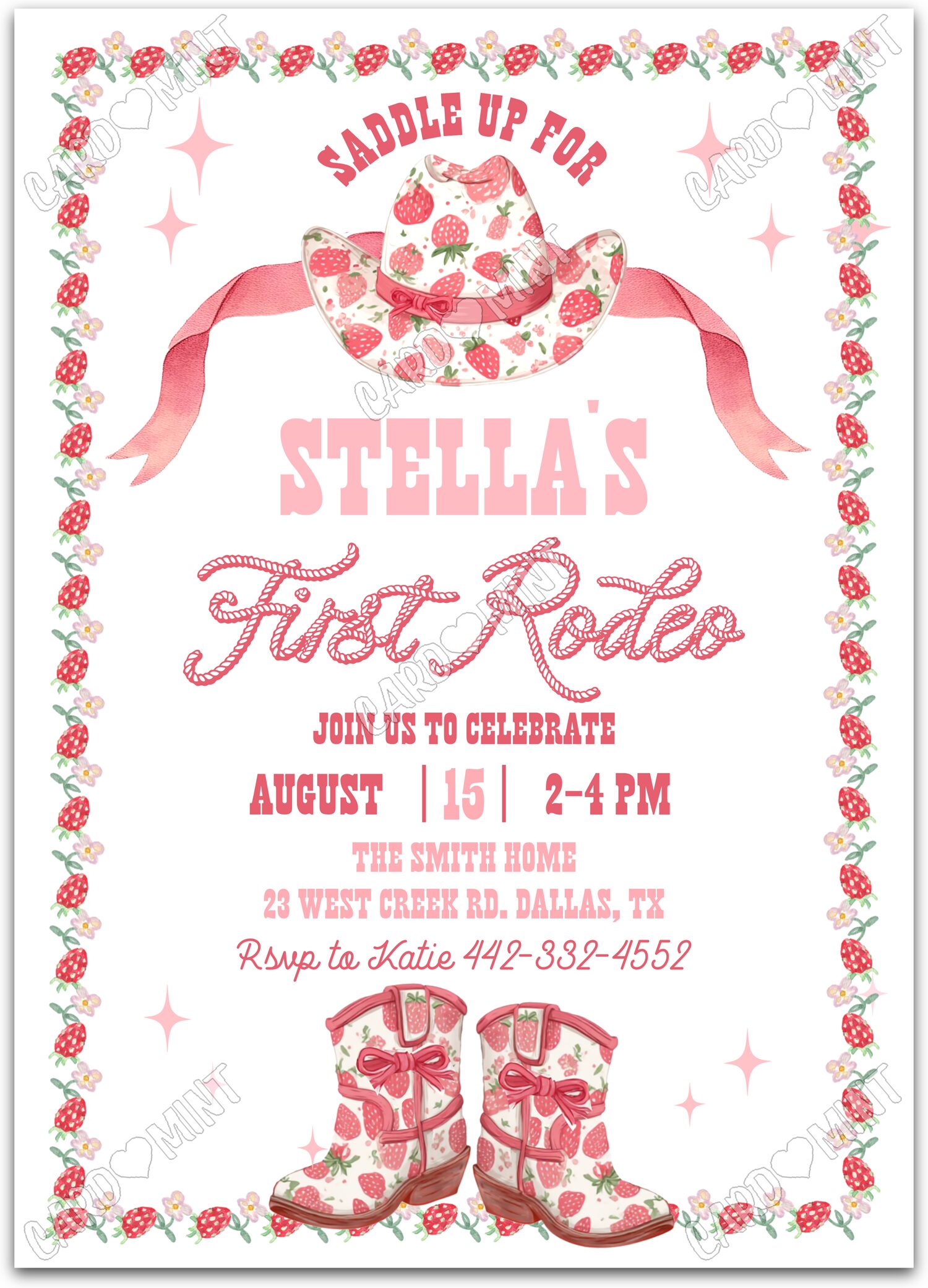 Editable Strawberry Rodeo cowgirl design First Birthday Party 5"x7" Invitation EV1982
