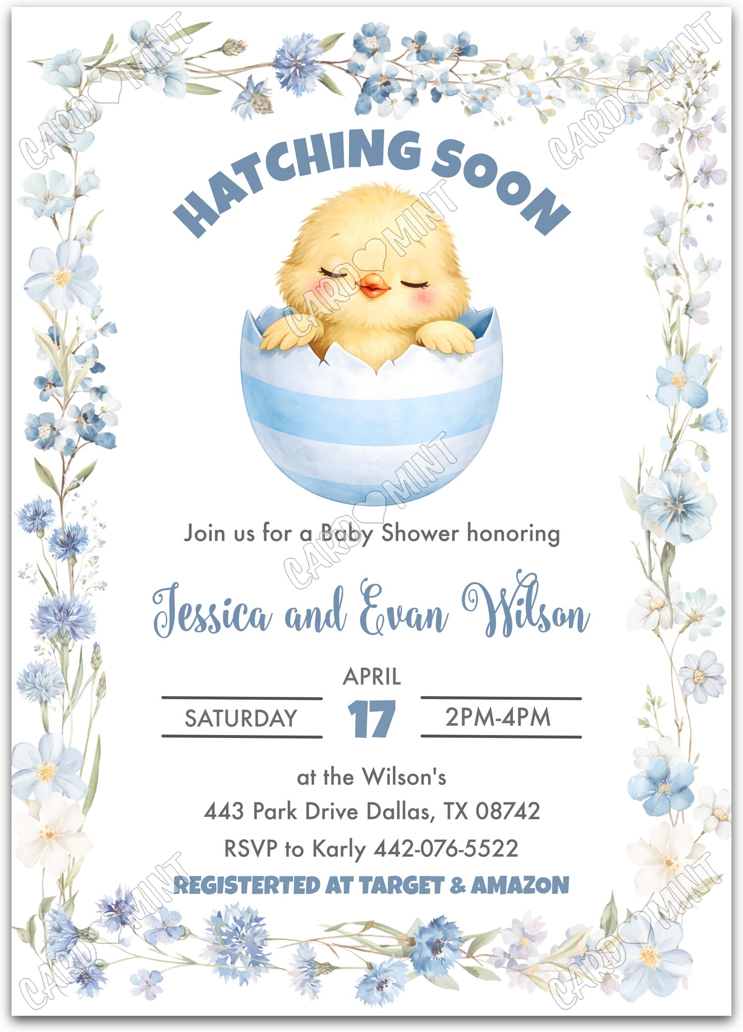 Editable Hatching Soon white wildflowers & baby chick, blue & boy Baby Shower 5"x7" Invitation EV1983